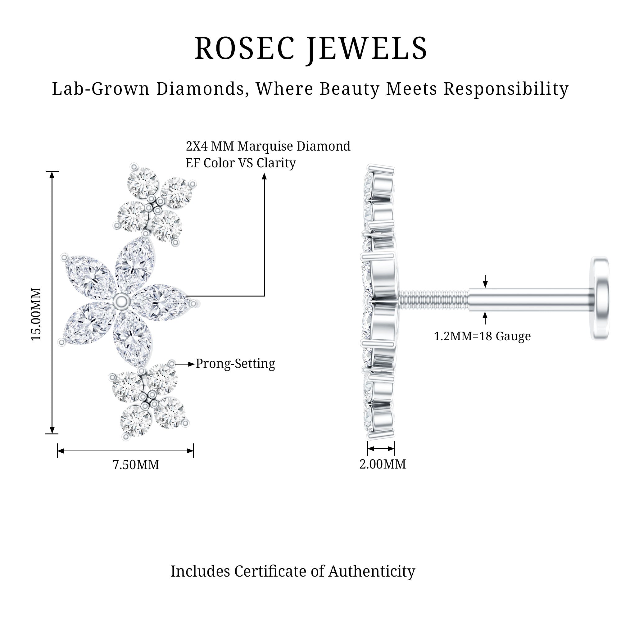 Cartilage Flower Crawler Earring with Diamond Lab - ( EF-VS ) - Rosec Jewels