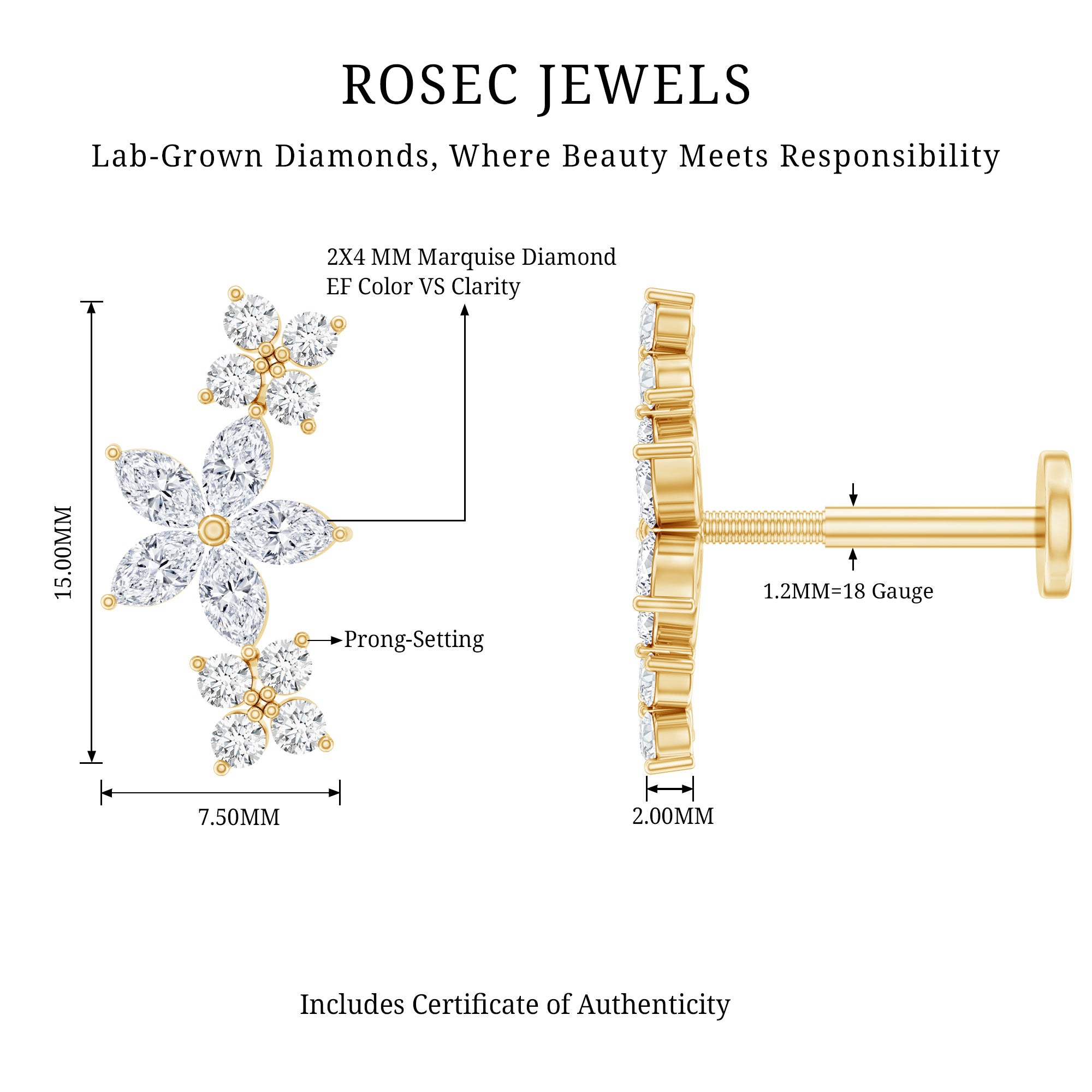 Cartilage Flower Crawler Earring with Diamond Lab - ( EF-VS ) - Rosec Jewels