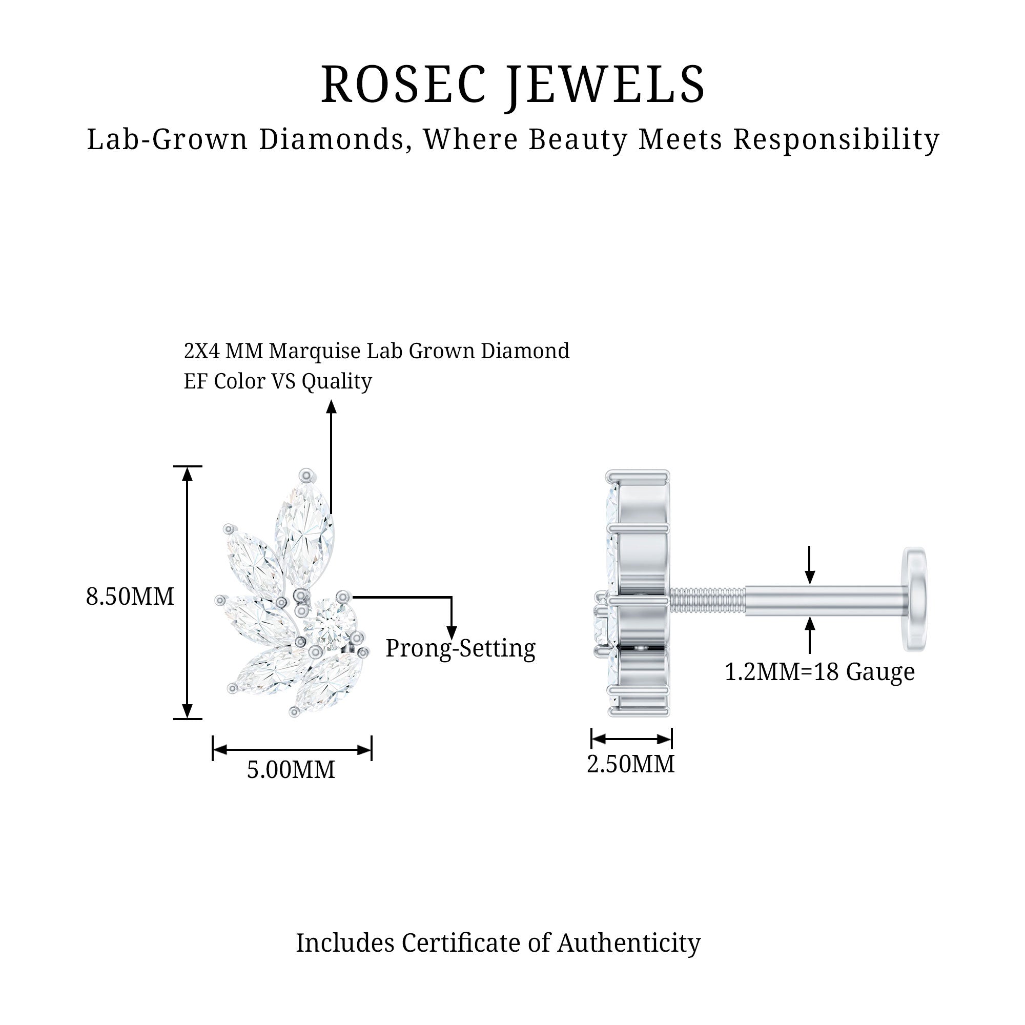 Marquise Diamond Leaf Cluster Earring for Cartilage Piercing Lab - ( EF-VS ) - Rosec Jewels