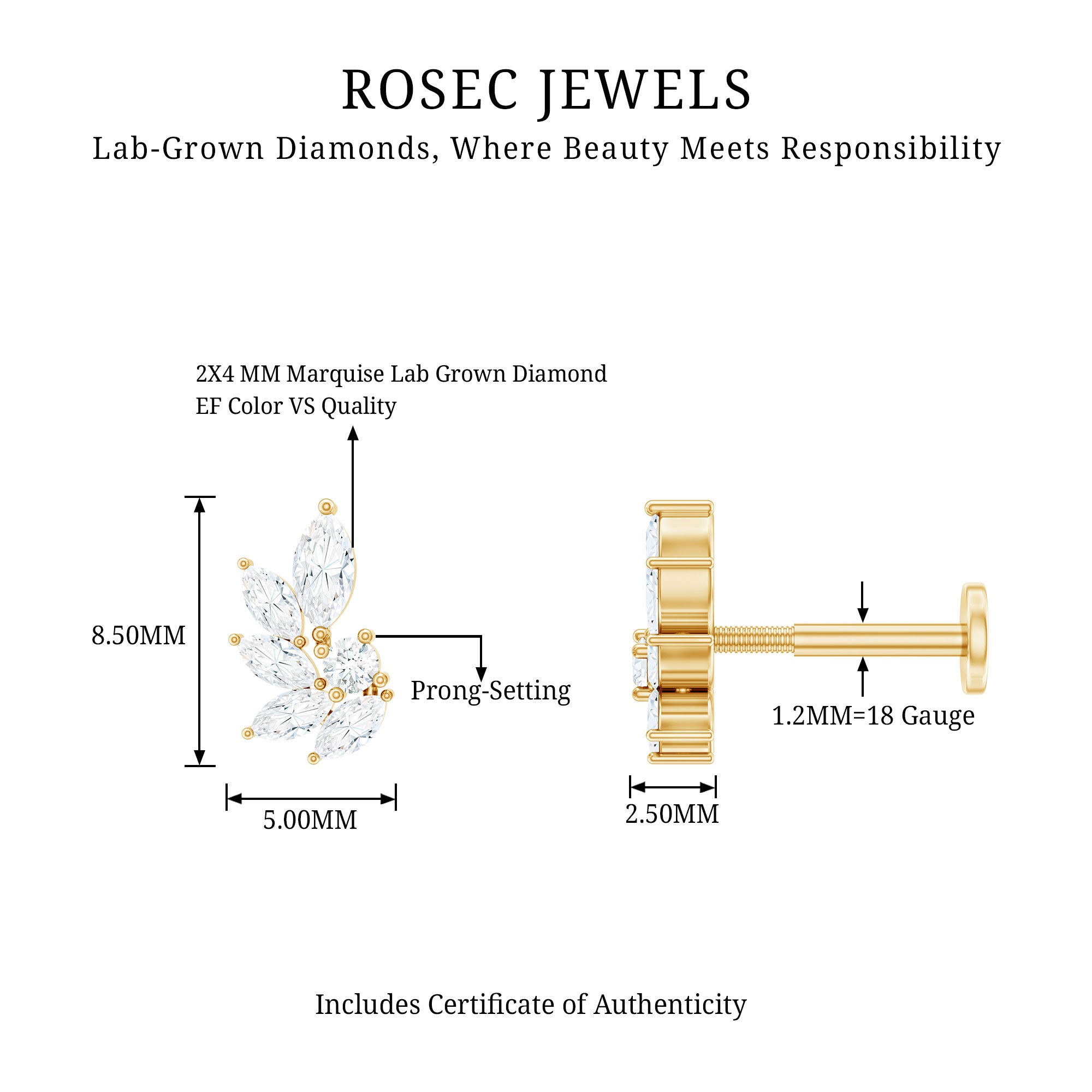 Marquise Diamond Leaf Cluster Earring for Cartilage Piercing Lab - ( EF-VS ) - Rosec Jewels