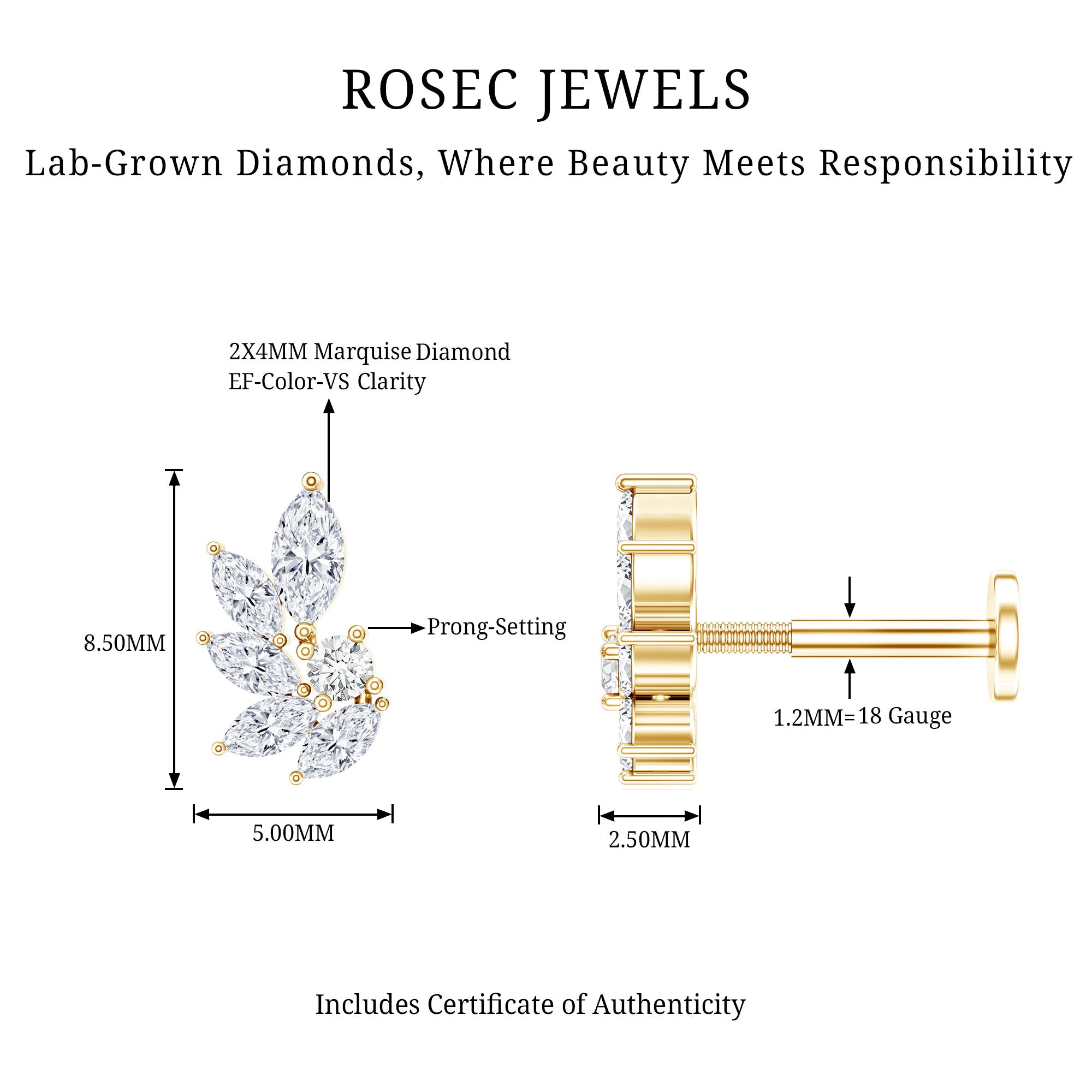 Marquise Diamond Leaf Cluster Earring for Cartilage Piercing Lab - ( EF-VS ) - Rosec Jewels