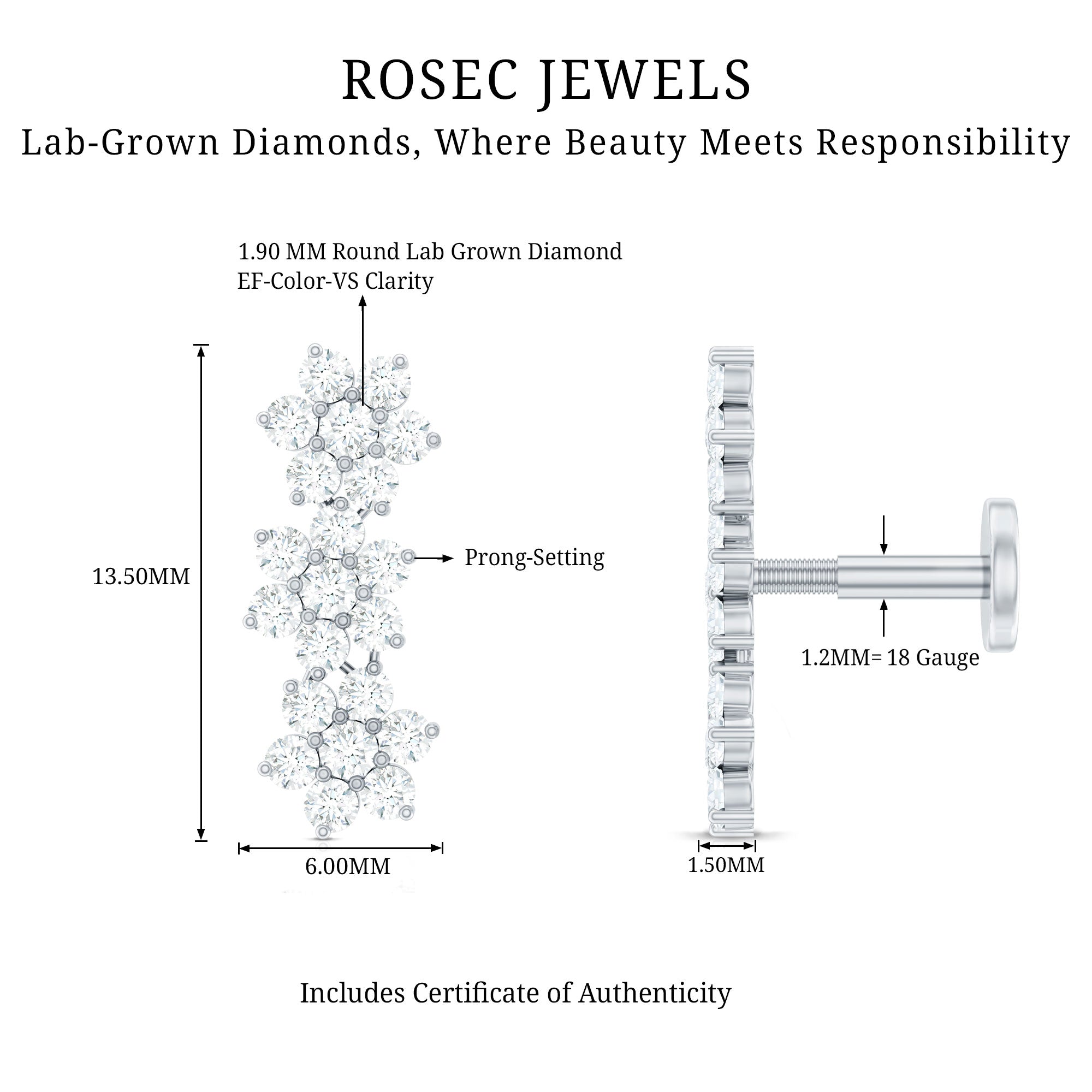 Diamond Three Flower Crawler Earring for Helix Piercing Lab - ( EF-VS ) - Rosec Jewels