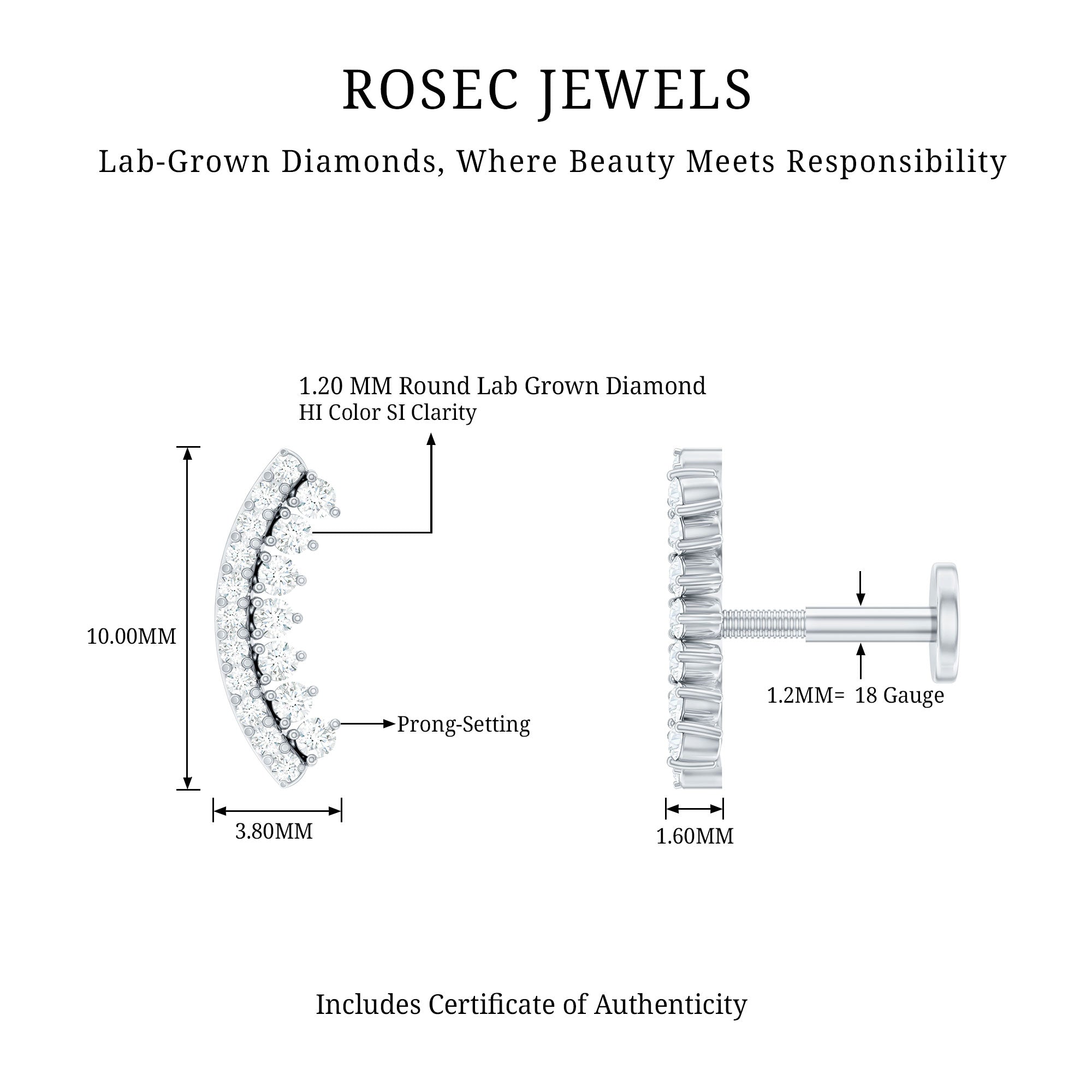 Certified Diamond Curved Cartilage Earring for Women Lab - ( EF-VS ) - Rosec Jewels