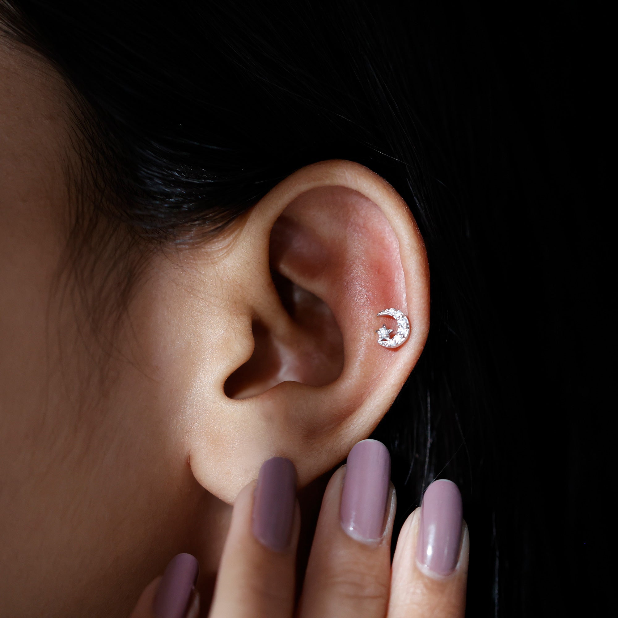 Certified Diamond Crescent Moon Helix Earring with Star Lab - ( EF-VS ) - Rosec Jewels