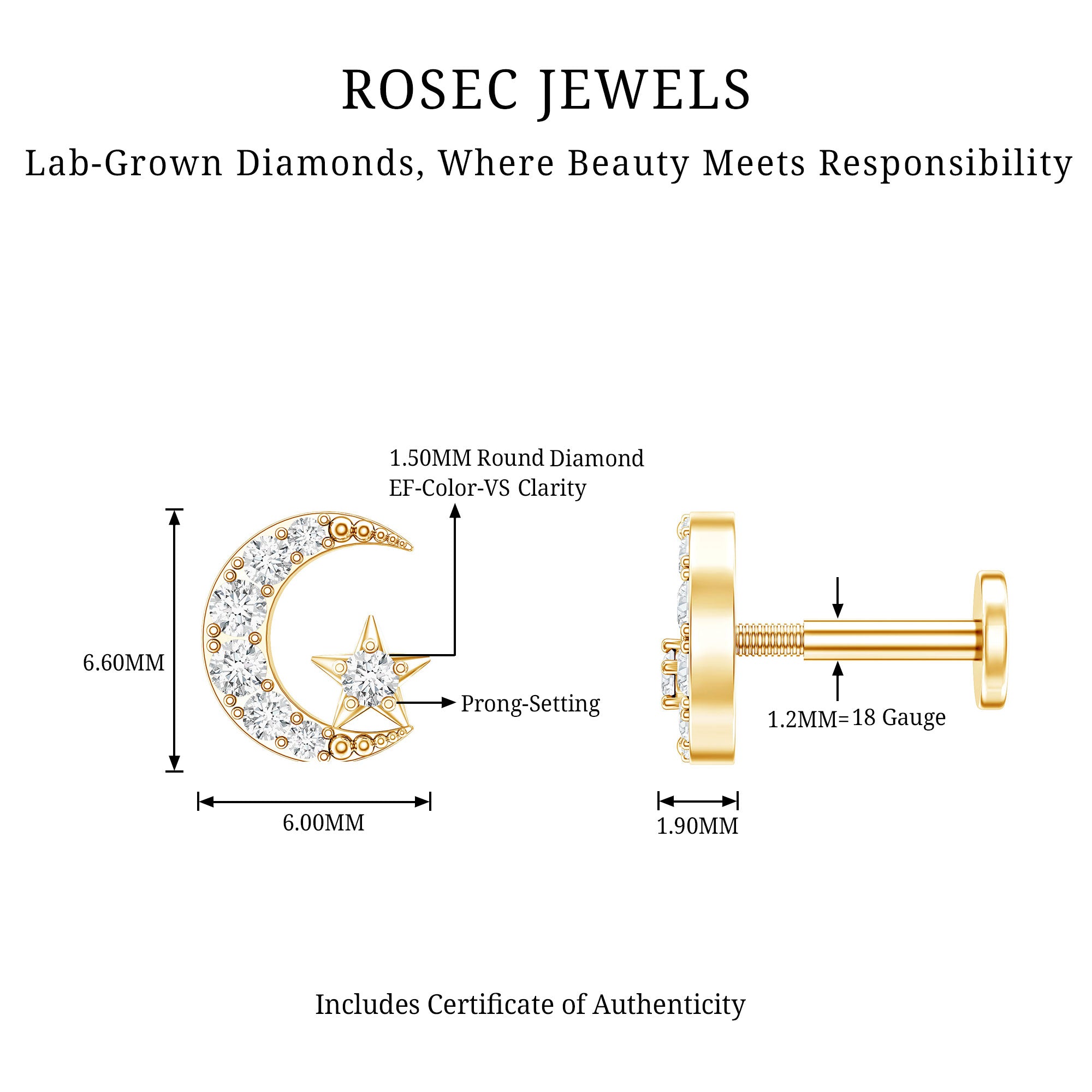 Certified Diamond Crescent Moon Helix Earring with Star Lab - ( EF-VS ) - Rosec Jewels
