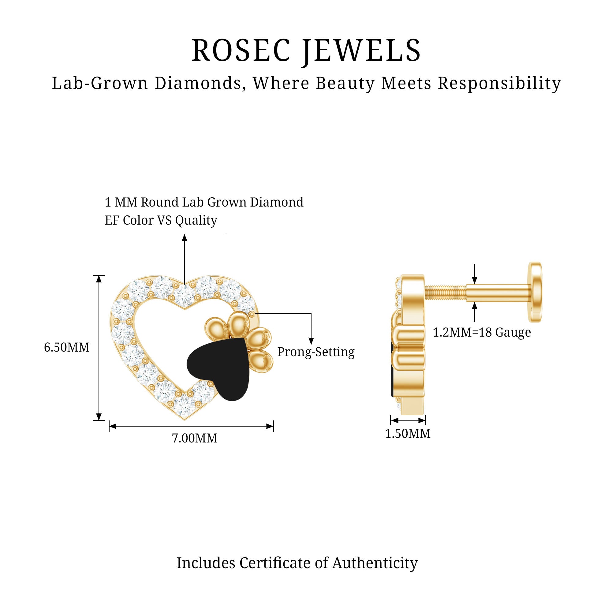 Sparkling Diamond Dog Paw Heart Earring with Black Enamel Lab - ( EF-VS ) - Rosec Jewels