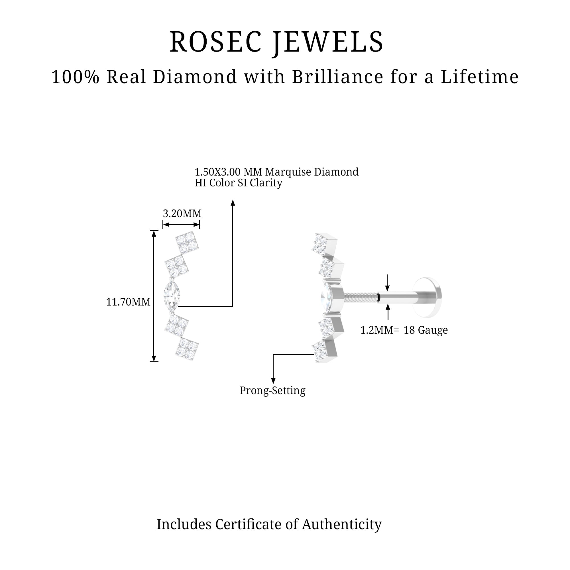 Elegant Diamond Ear Crawler Earring for Helix Piercing Lab - ( EF-VS ) - Rosec Jewels