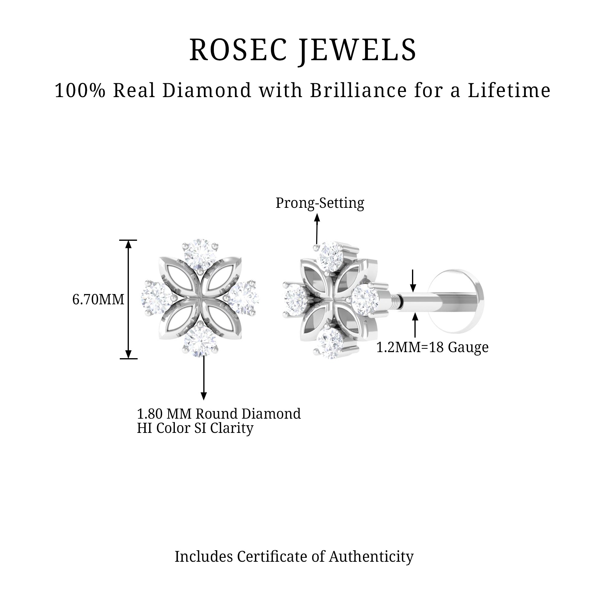 Nature Inspired Certified Diamond Flower Earring for Helix Piercing Lab - ( EF-VS ) - Rosec Jewels
