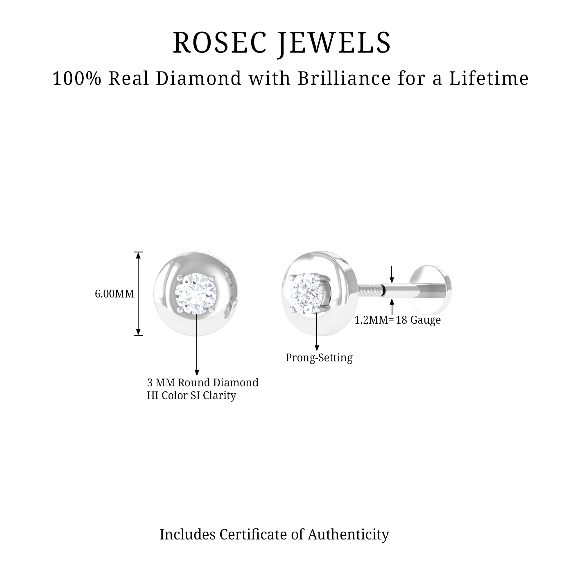 Classic Diamond Solitaire Helix Piercing Earring Lab - ( EF-VS ) - Rosec Jewels