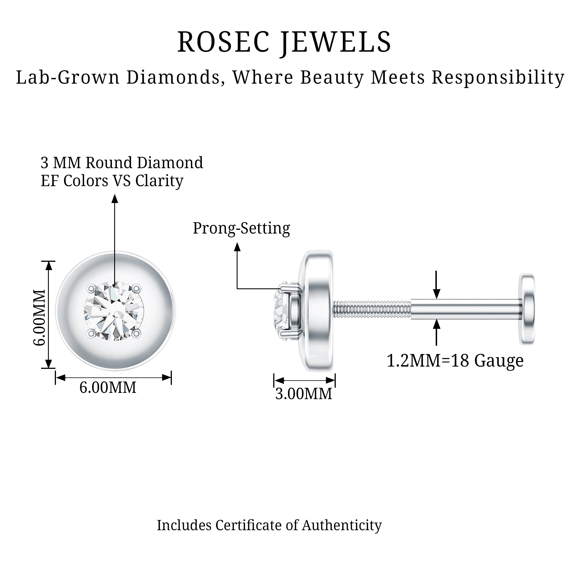 Classic Diamond Solitaire Helix Piercing Earring Lab - ( EF-VS ) - Rosec Jewels