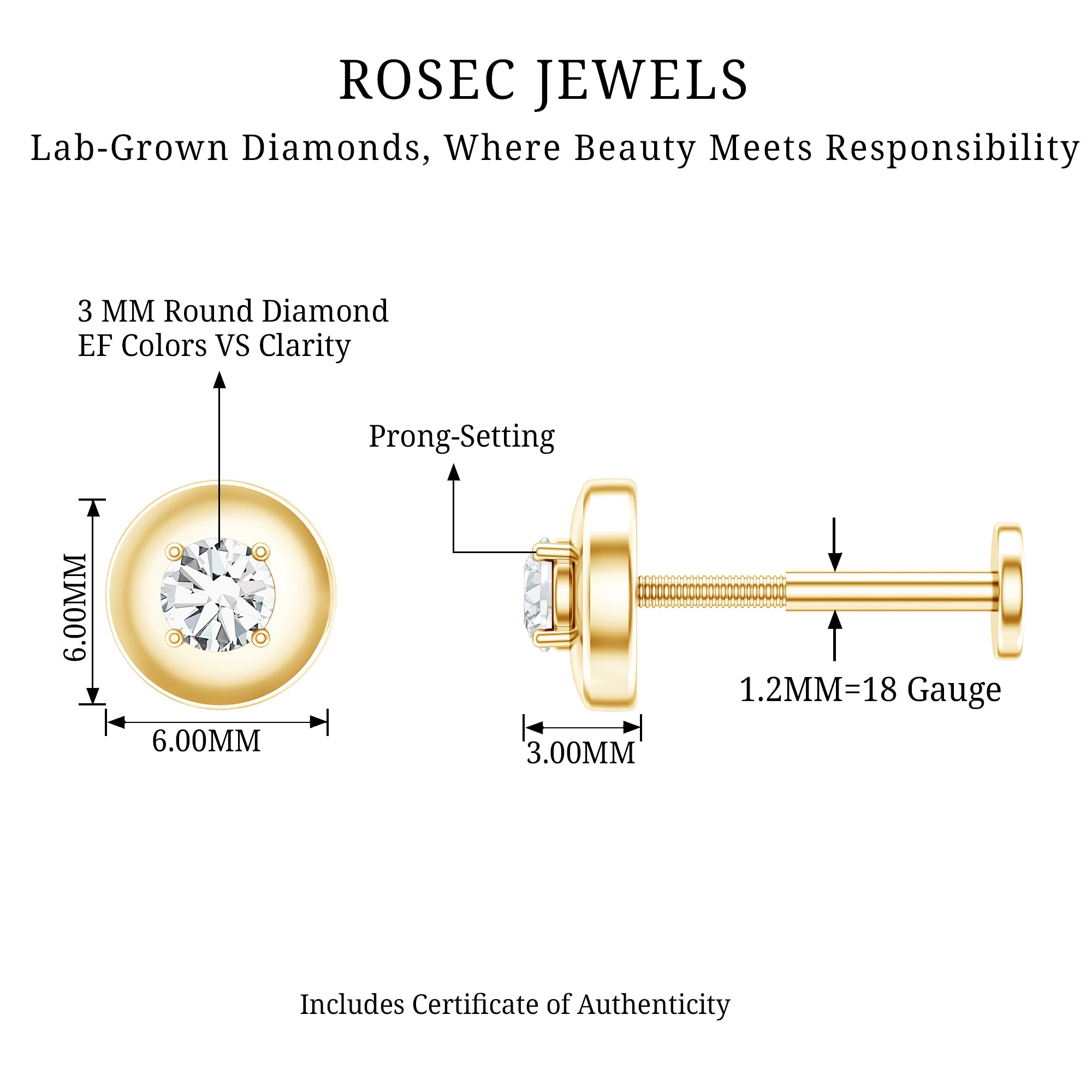 Classic Diamond Solitaire Helix Piercing Earring Lab - ( EF-VS ) - Rosec Jewels