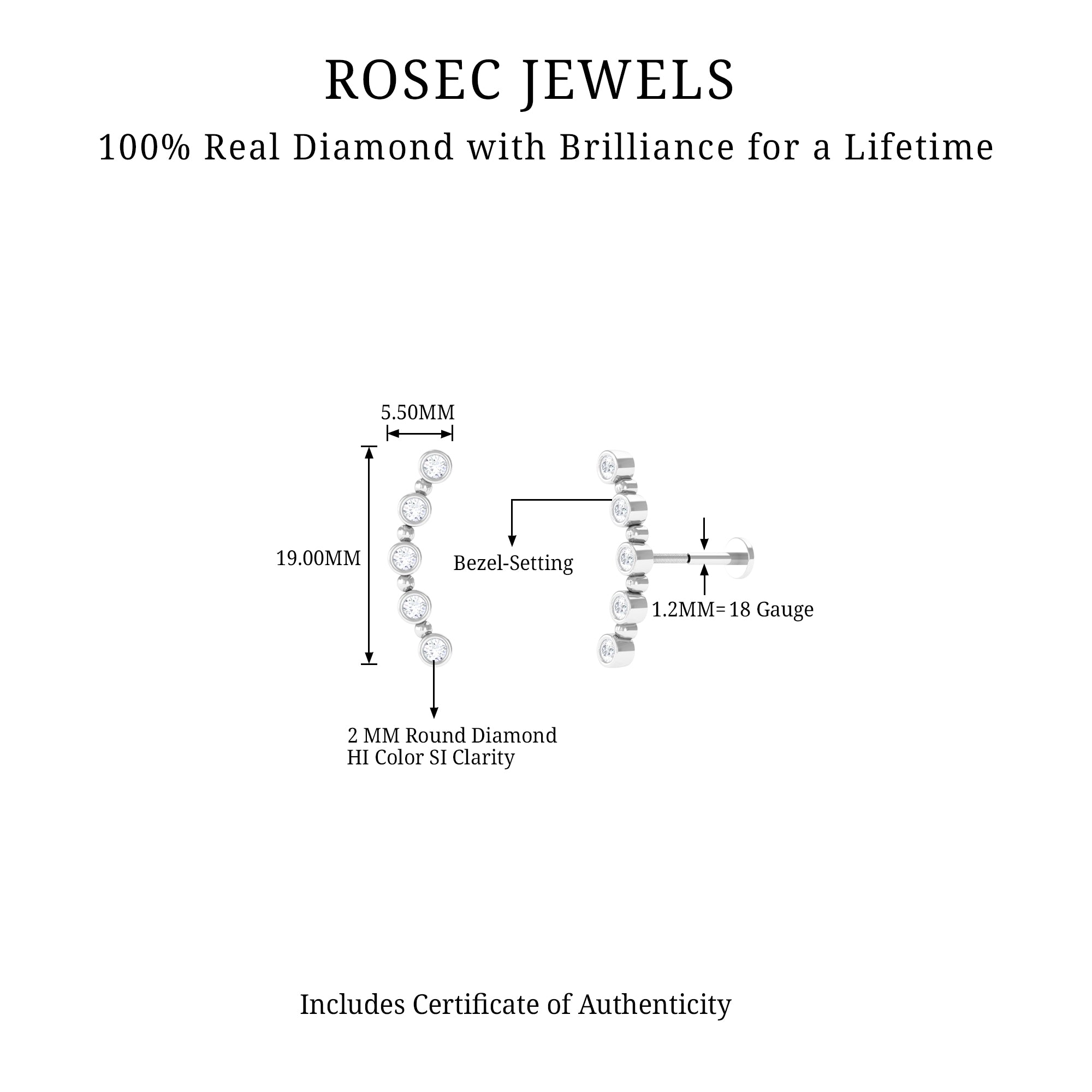 Bezel Set Diamond Crawler Earring for Cartilage Piercing Lab - ( EF-VS ) - Rosec Jewels