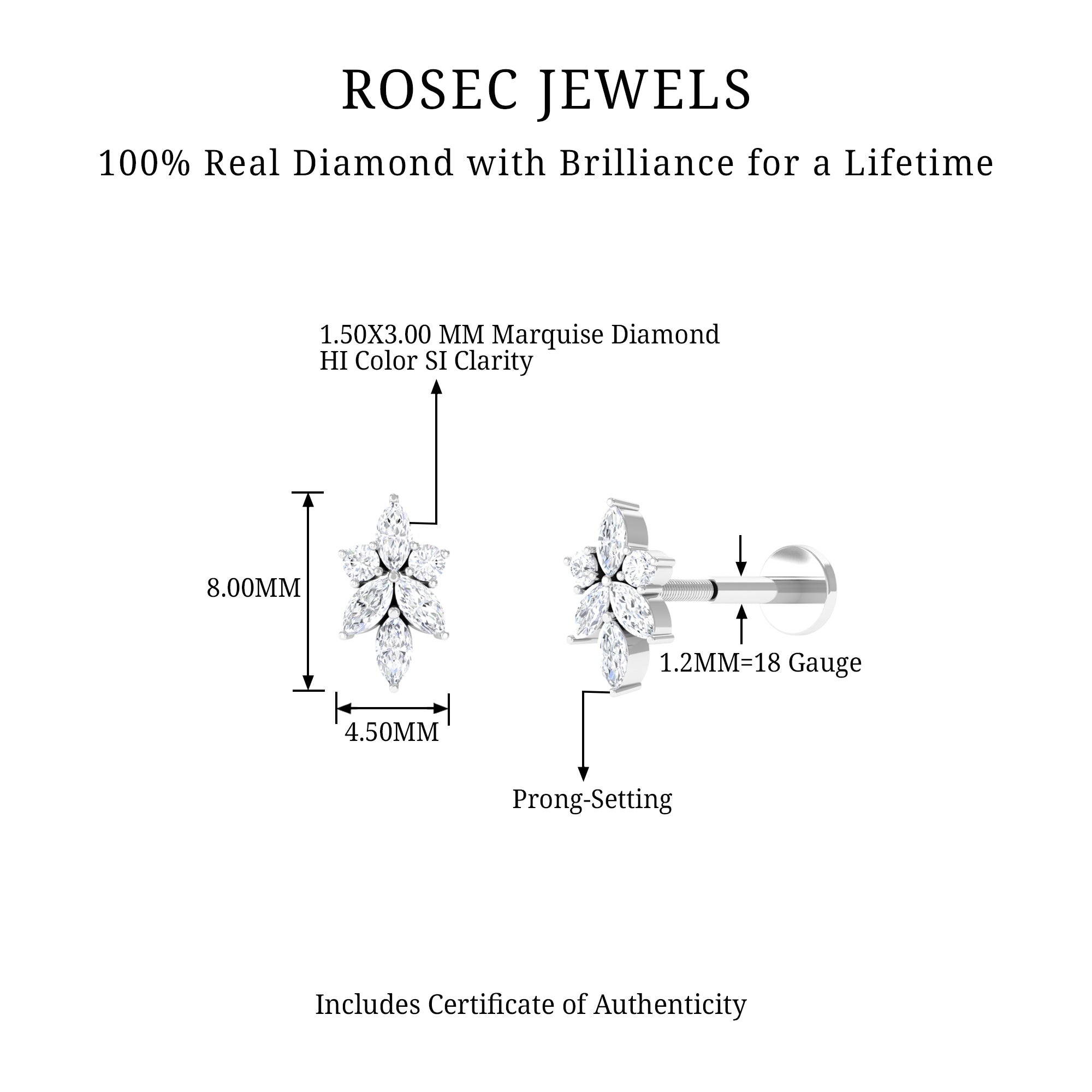Marquise Diamond Cluster Flower Earring with Flat Back Lab - ( EF-VS ) - Rosec Jewels