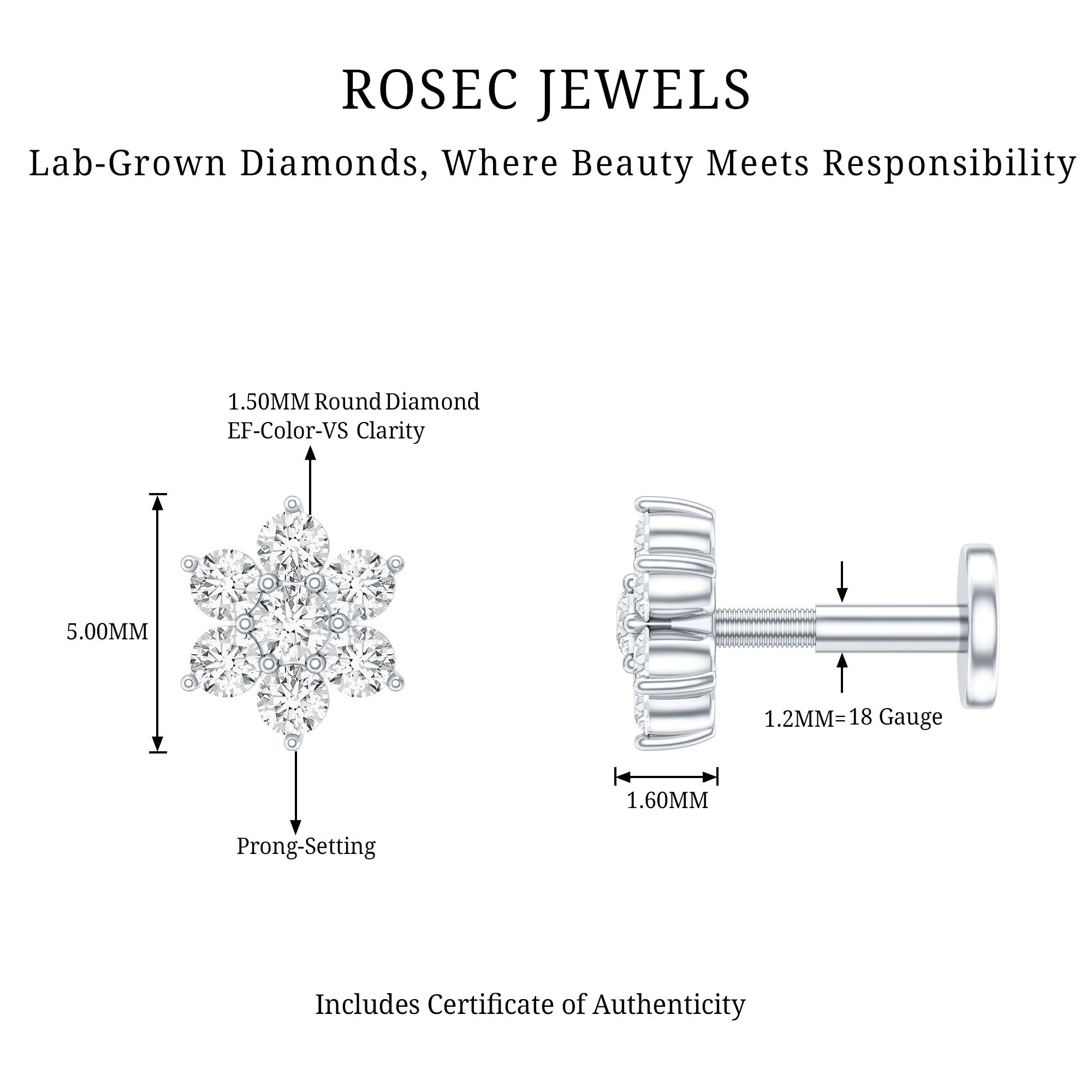 Simple Diamond Flower Cartilage Earring Lab - ( EF-VS ) - Rosec Jewels