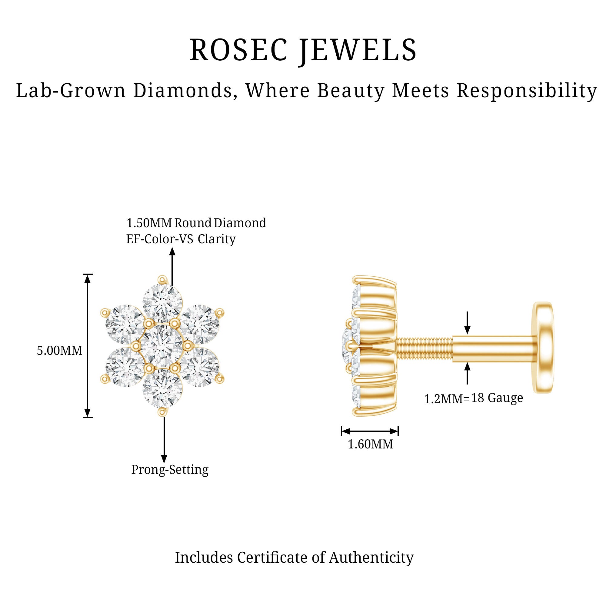 Simple Diamond Flower Cartilage Earring Lab - ( EF-VS ) - Rosec Jewels