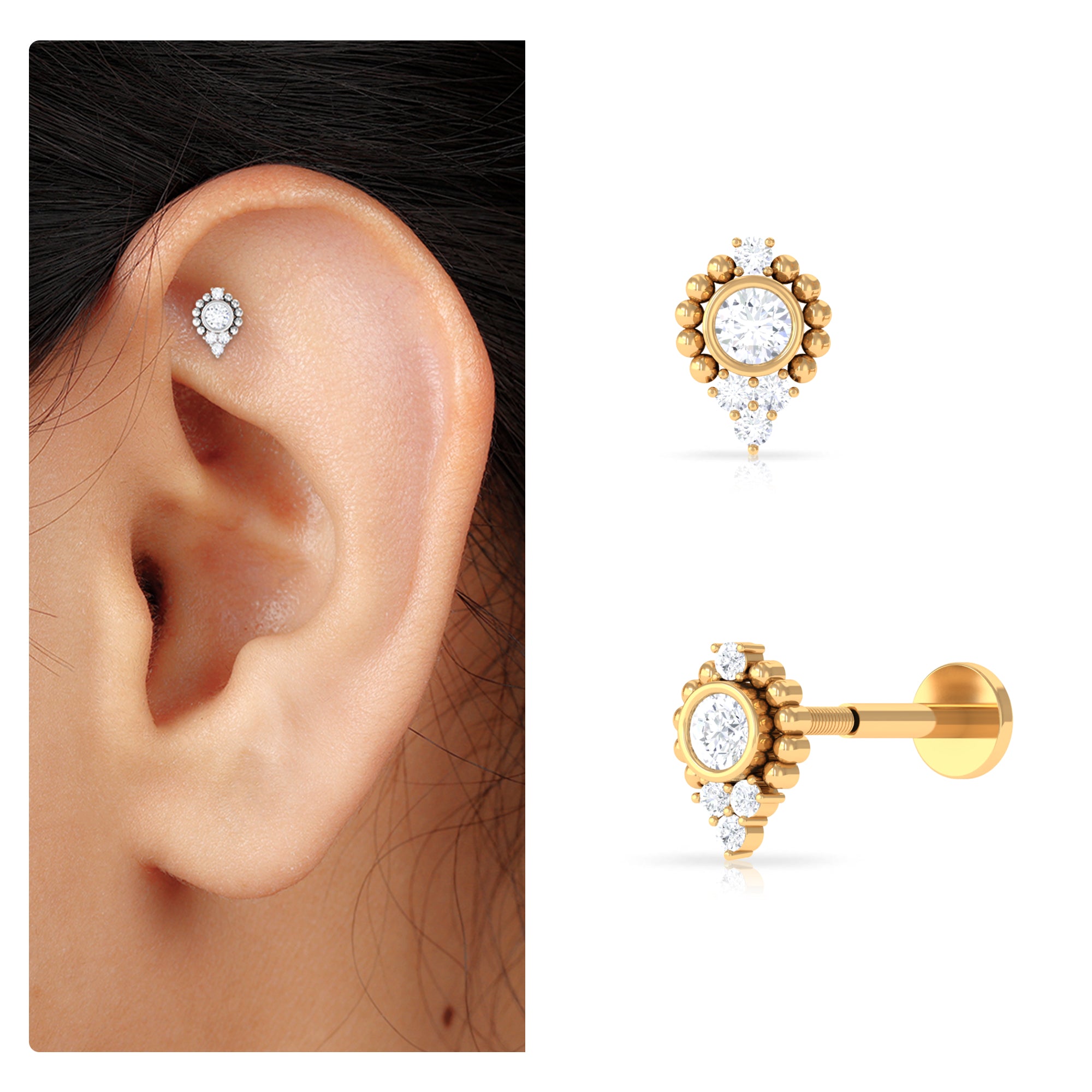 Bezel Set Diamond Minimalist Earring for Tragus Piercing Lab - ( EF-VS ) - Rosec Jewels