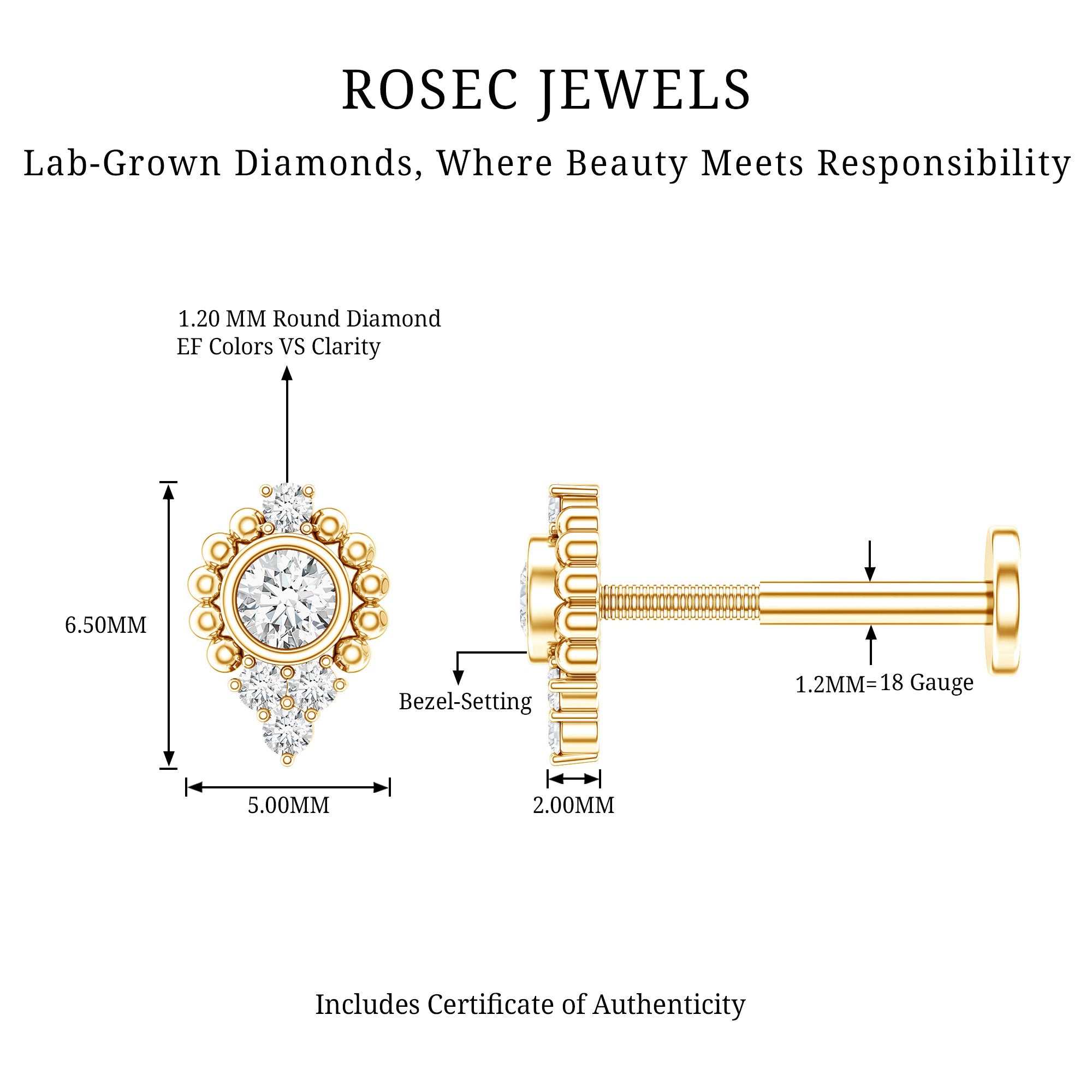 Bezel Set Diamond Minimalist Earring for Tragus Piercing Lab - ( EF-VS ) - Rosec Jewels