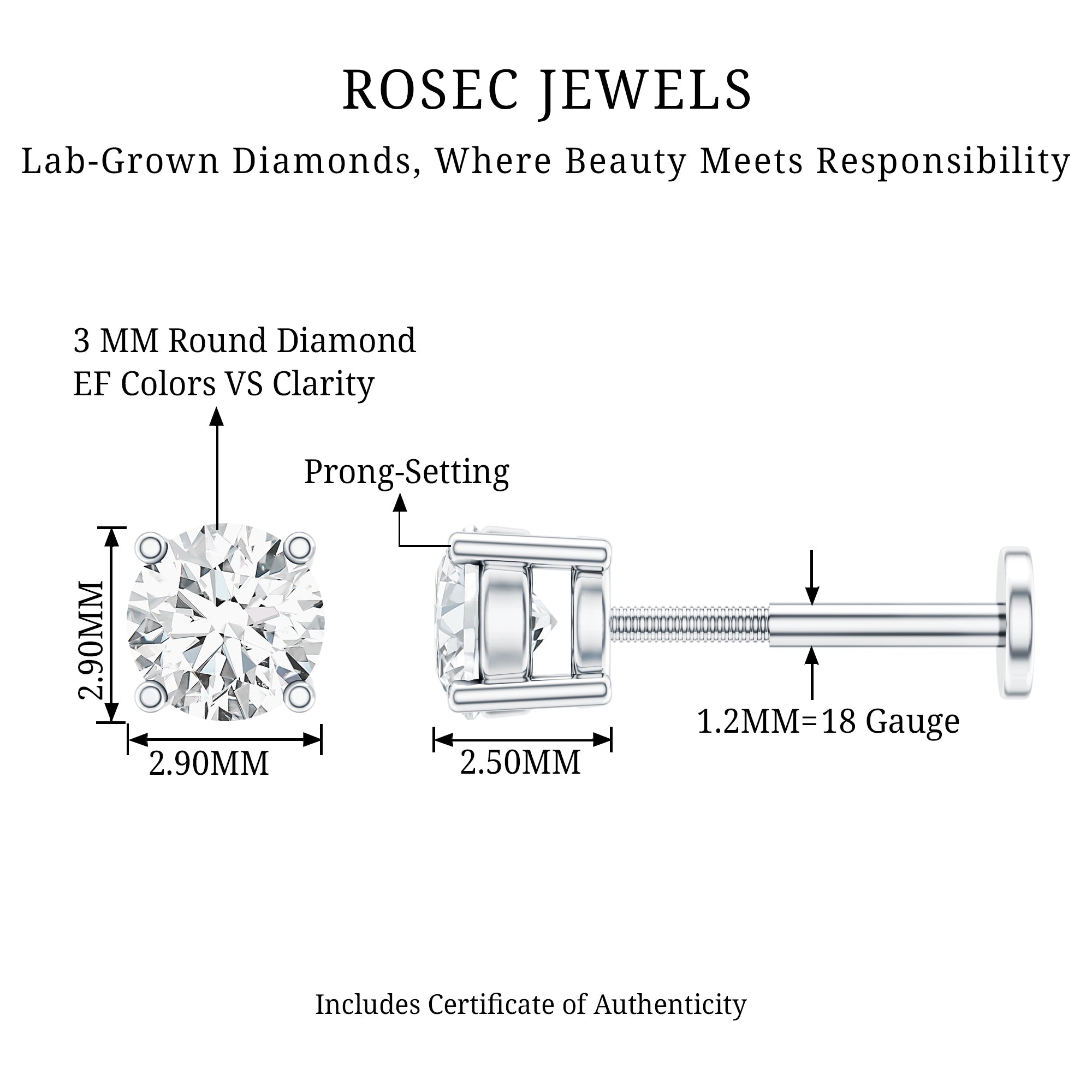 Minimalist Diamond Solitaire Conch Earring Lab - ( EF-VS ) - Rosec Jewels