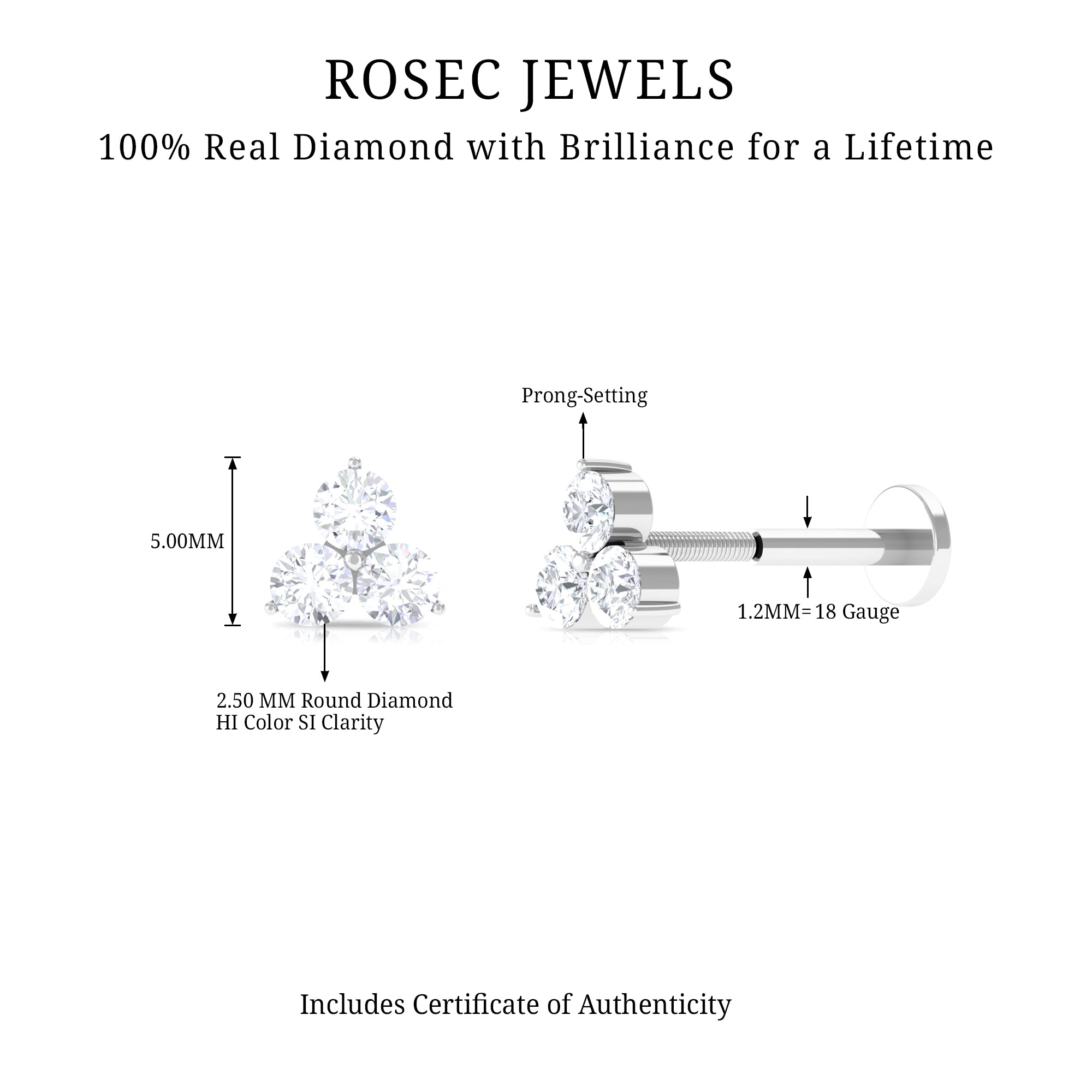 Dainty Diamond Trio Earring for Helix Piercing Lab - ( EF-VS ) - Rosec Jewels