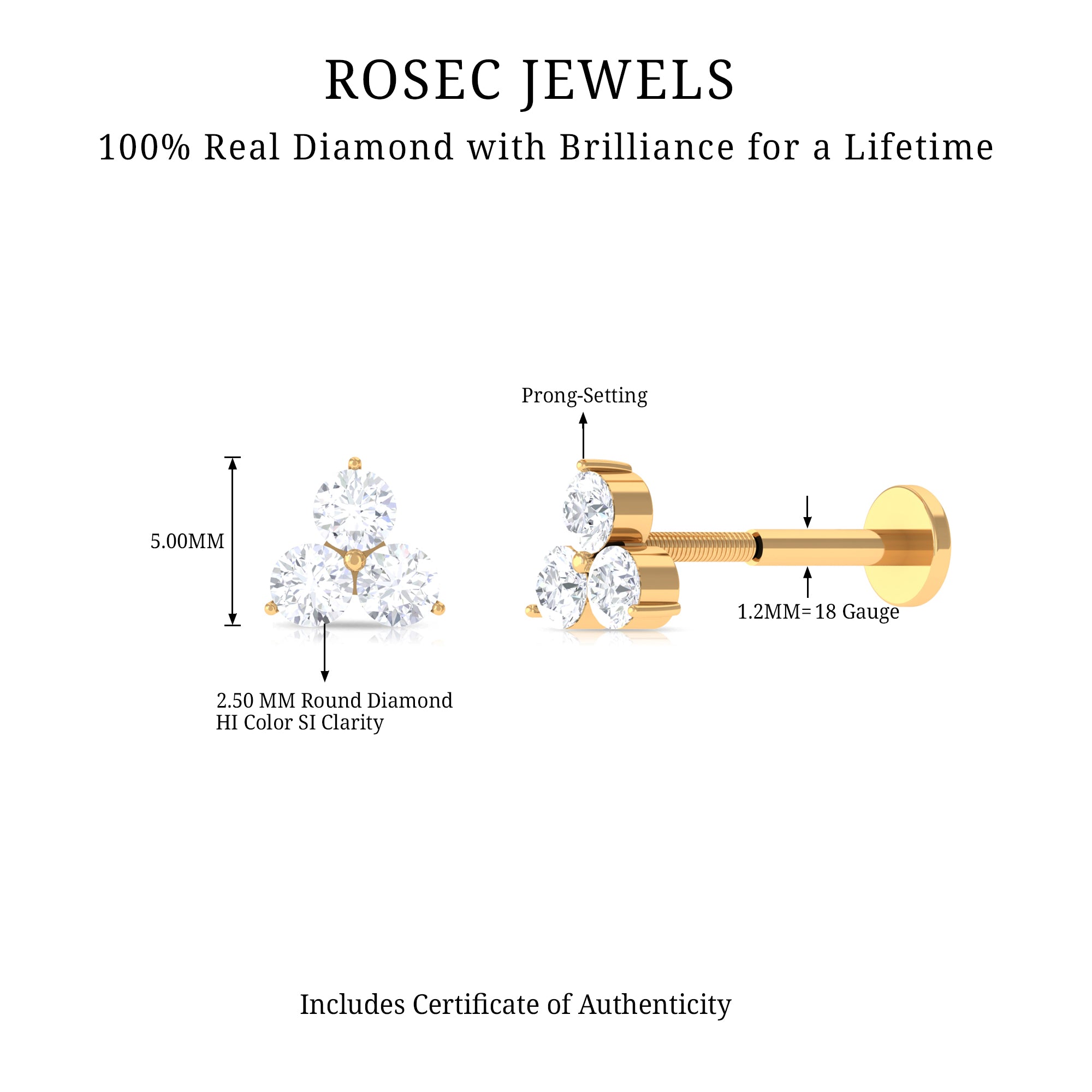 Dainty Diamond Trio Earring for Helix Piercing Lab - ( EF-VS ) - Rosec Jewels