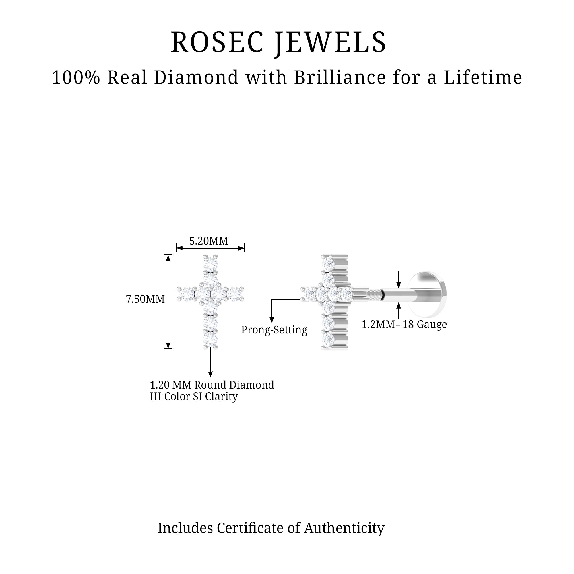 Minimalist Diamond Cross Cartilage Earring Lab - ( EF-VS ) - Rosec Jewels