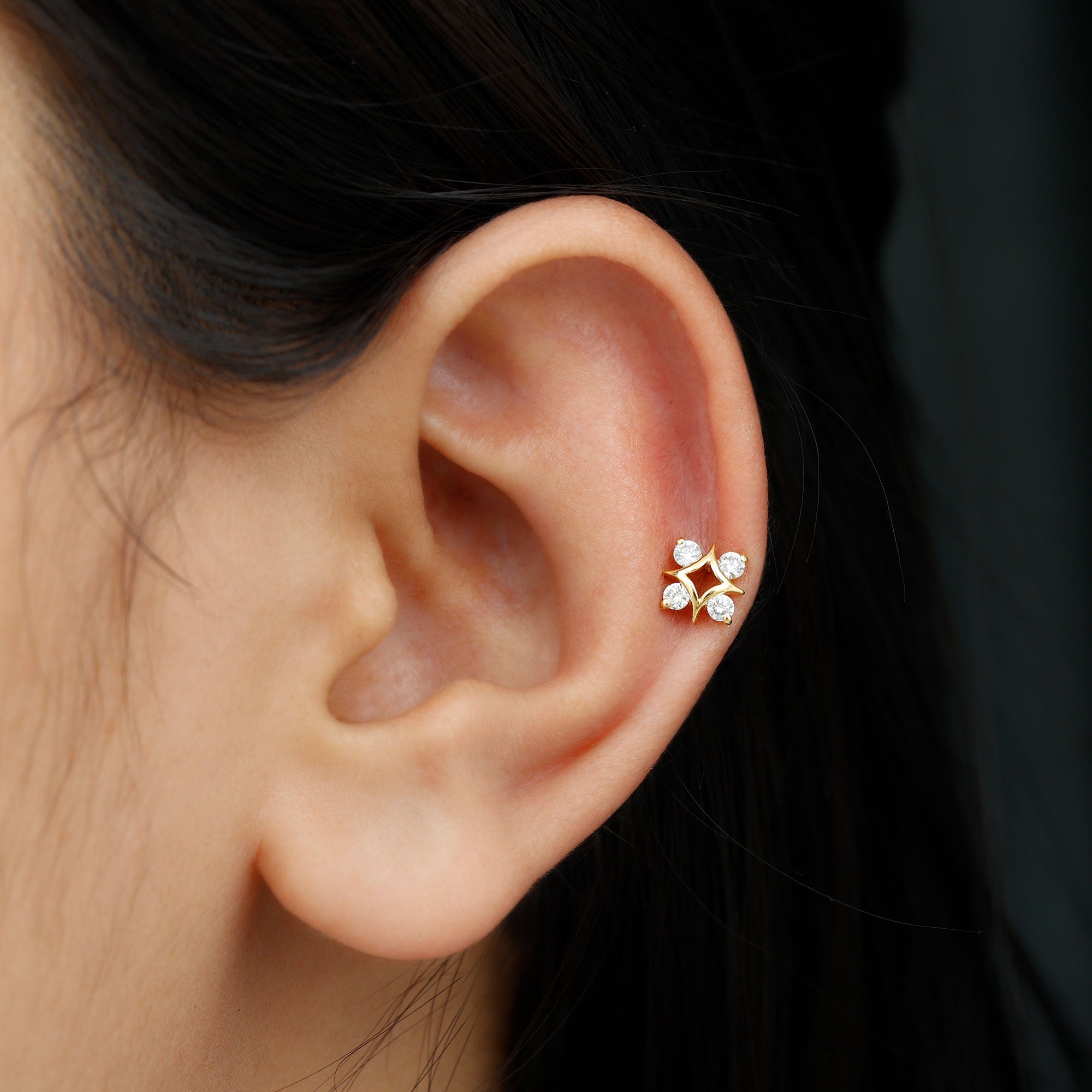 Round Cut Diamond Star Earring for Helix Piercing Lab - ( EF-VS ) - Rosec Jewels