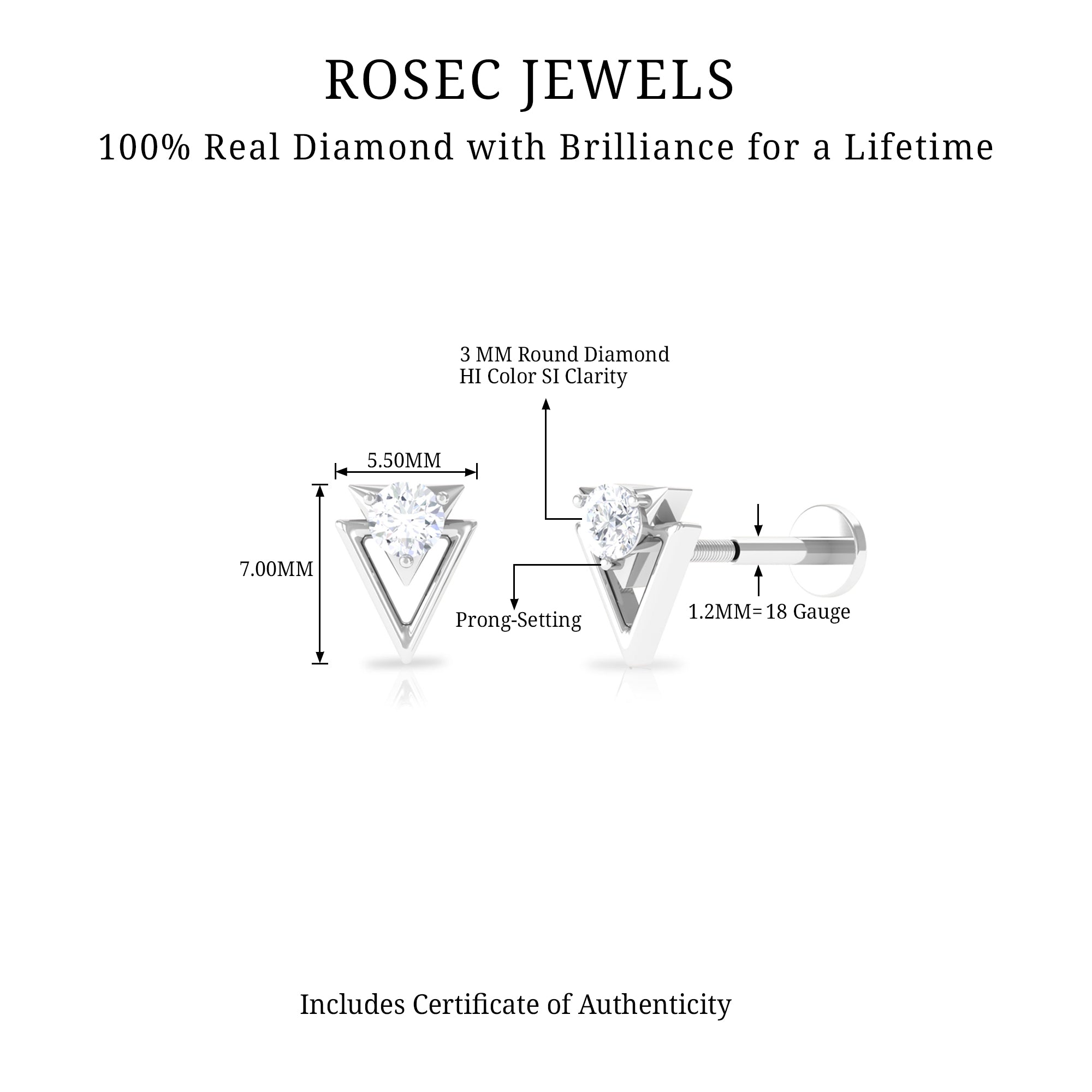 Simple Diamond Solitaire Triangle Cartilage Earring Lab - ( EF-VS ) - Rosec Jewels