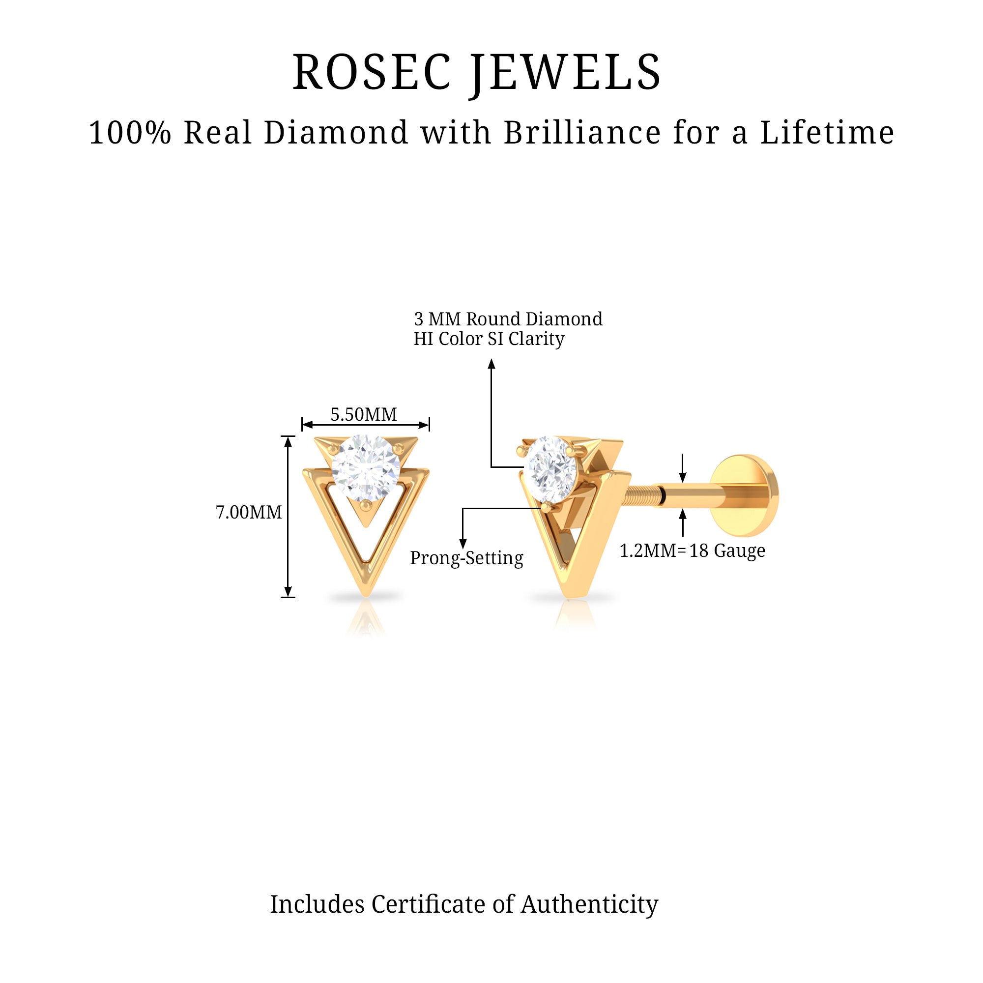 Simple Diamond Solitaire Triangle Cartilage Earring Lab - ( EF-VS ) - Rosec Jewels