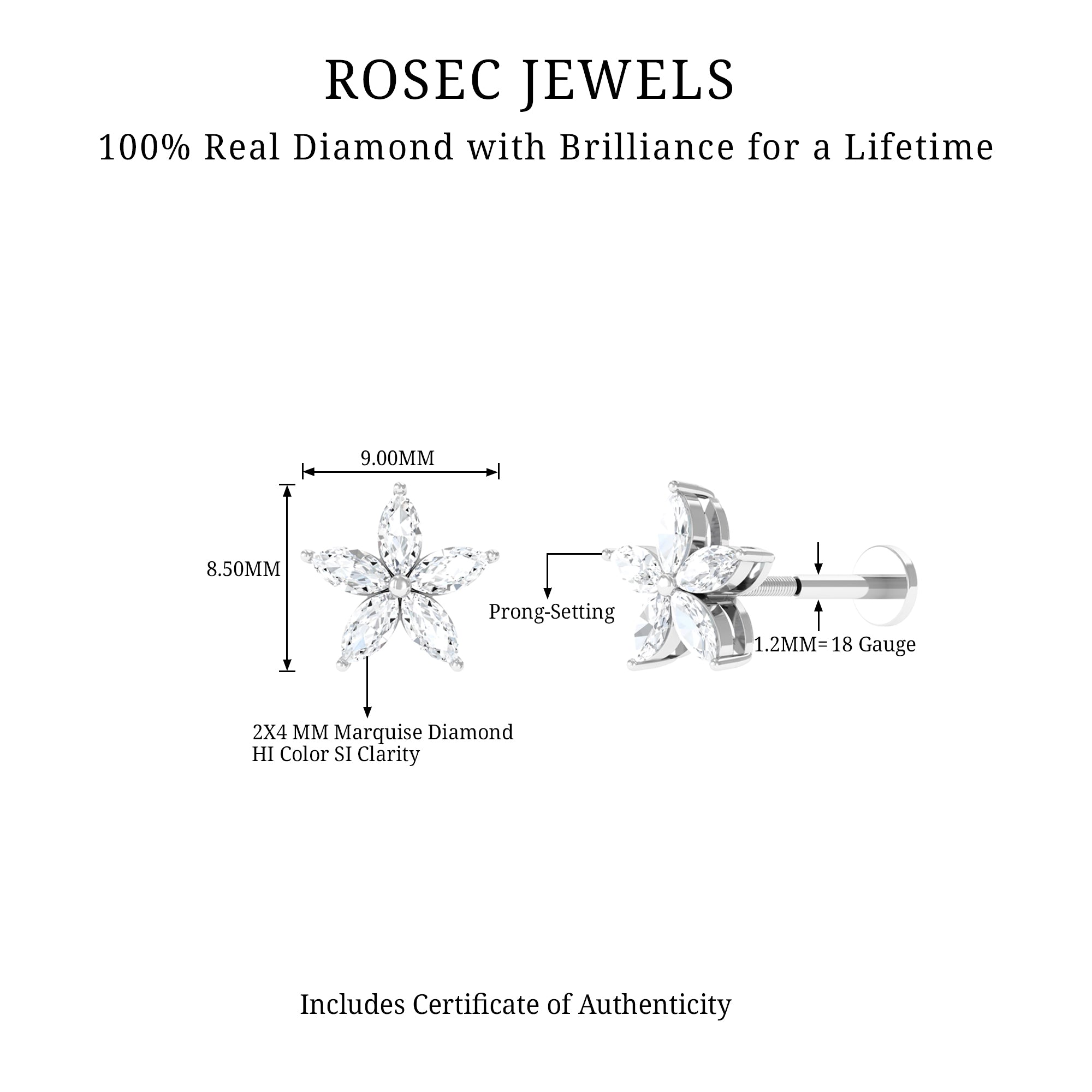 Marquise Diamond Floral Upper Lobe Earring Lab - ( EF-VS ) - Rosec Jewels