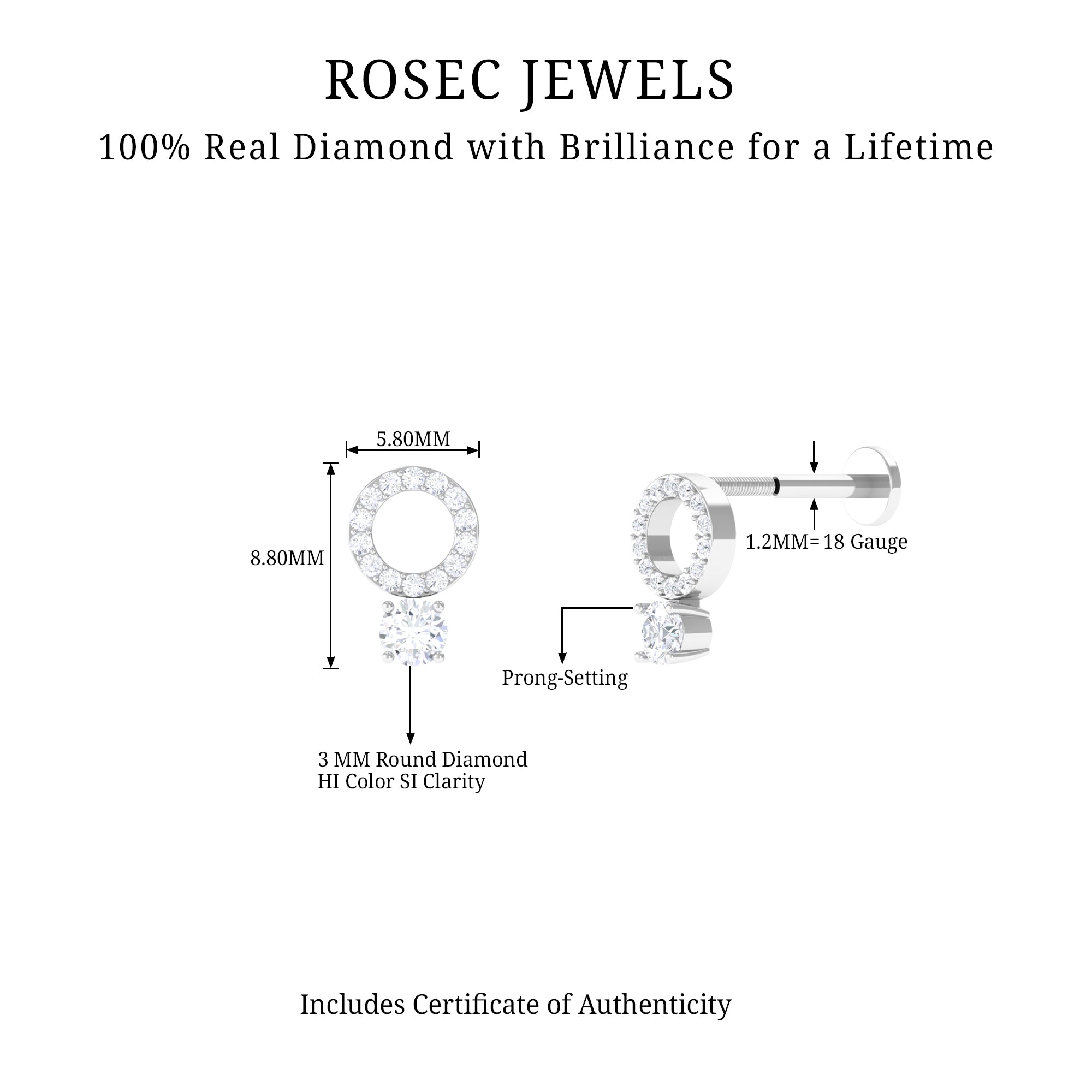 Minimalist Diamond Open Circle Helix Earring Lab - ( EF-VS ) - Rosec Jewels