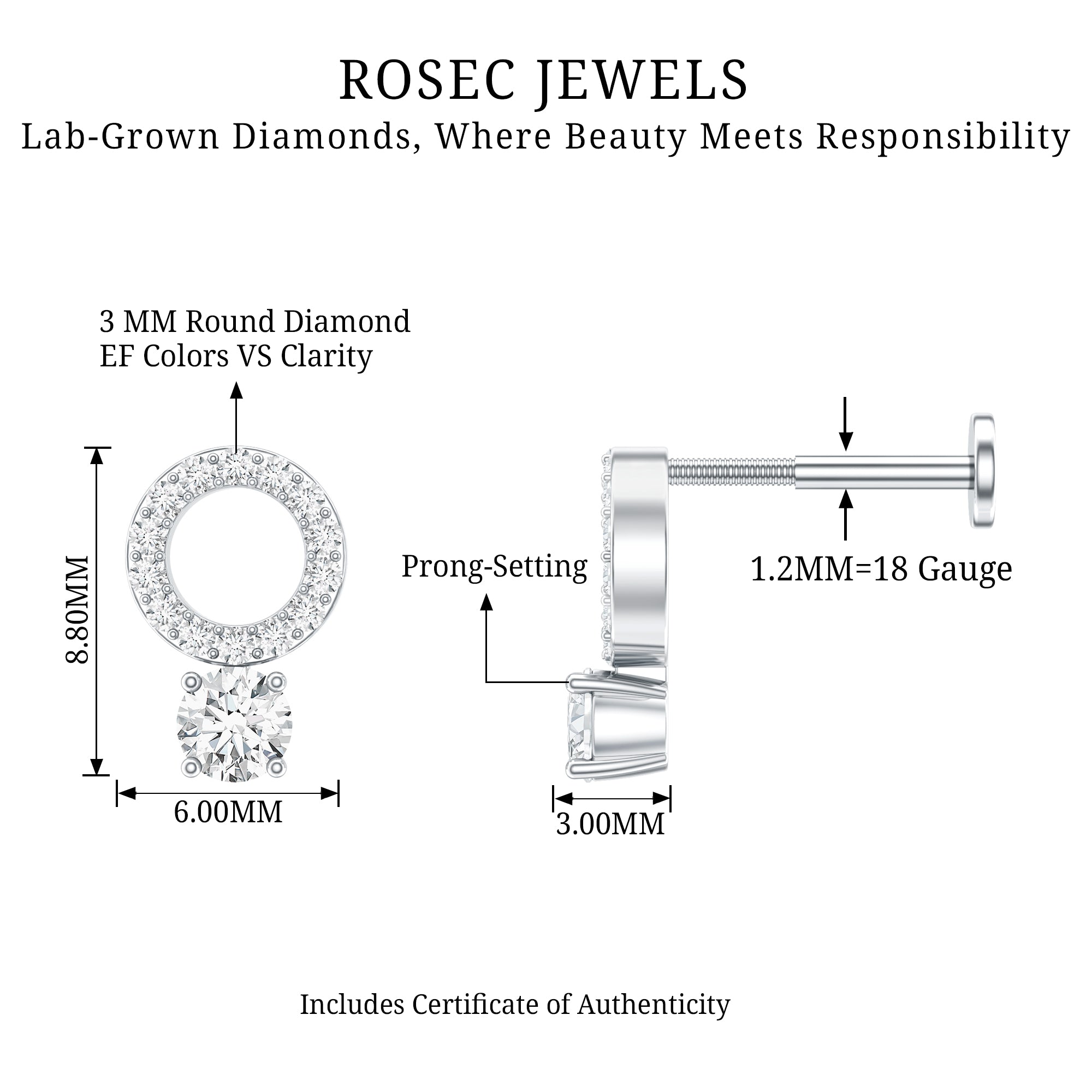 Minimalist Diamond Open Circle Helix Earring Lab - ( EF-VS ) - Rosec Jewels