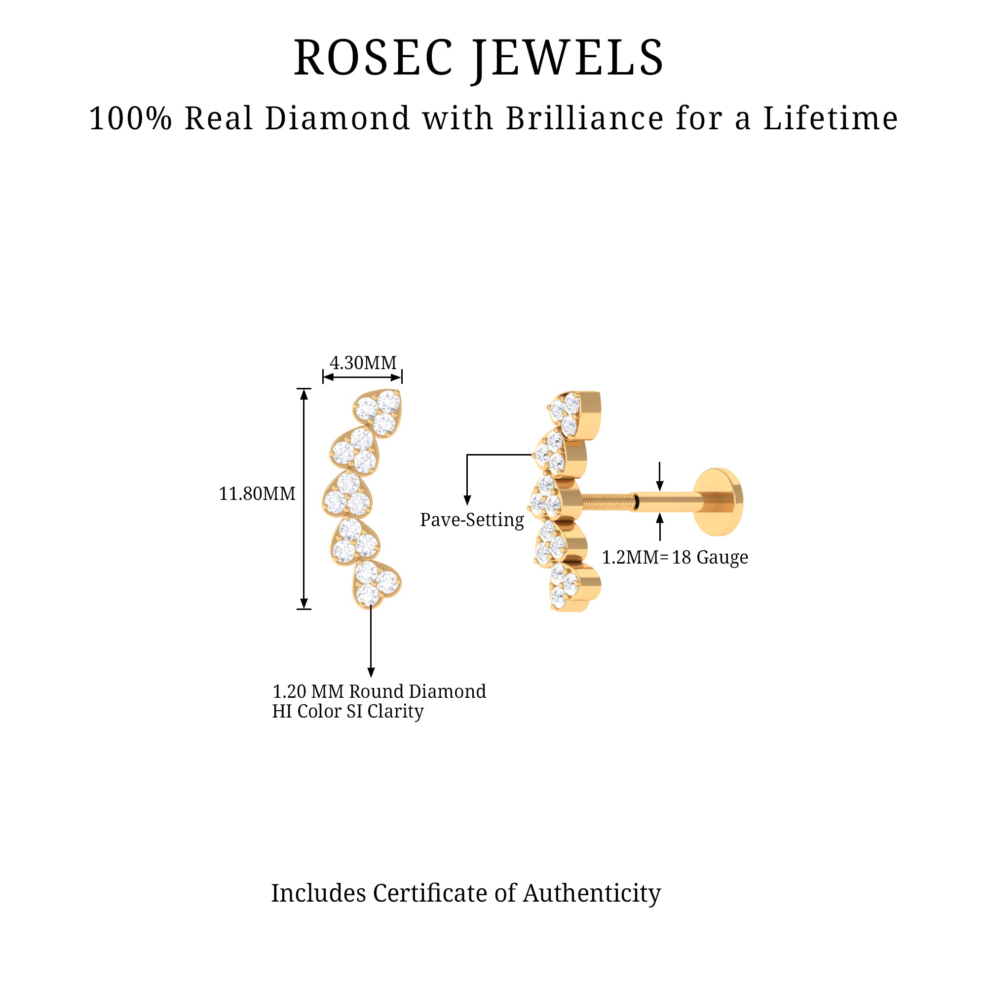 Diamond Heart Crawler Earring for Helix Piercing Lab - ( EF-VS ) - Rosec Jewels