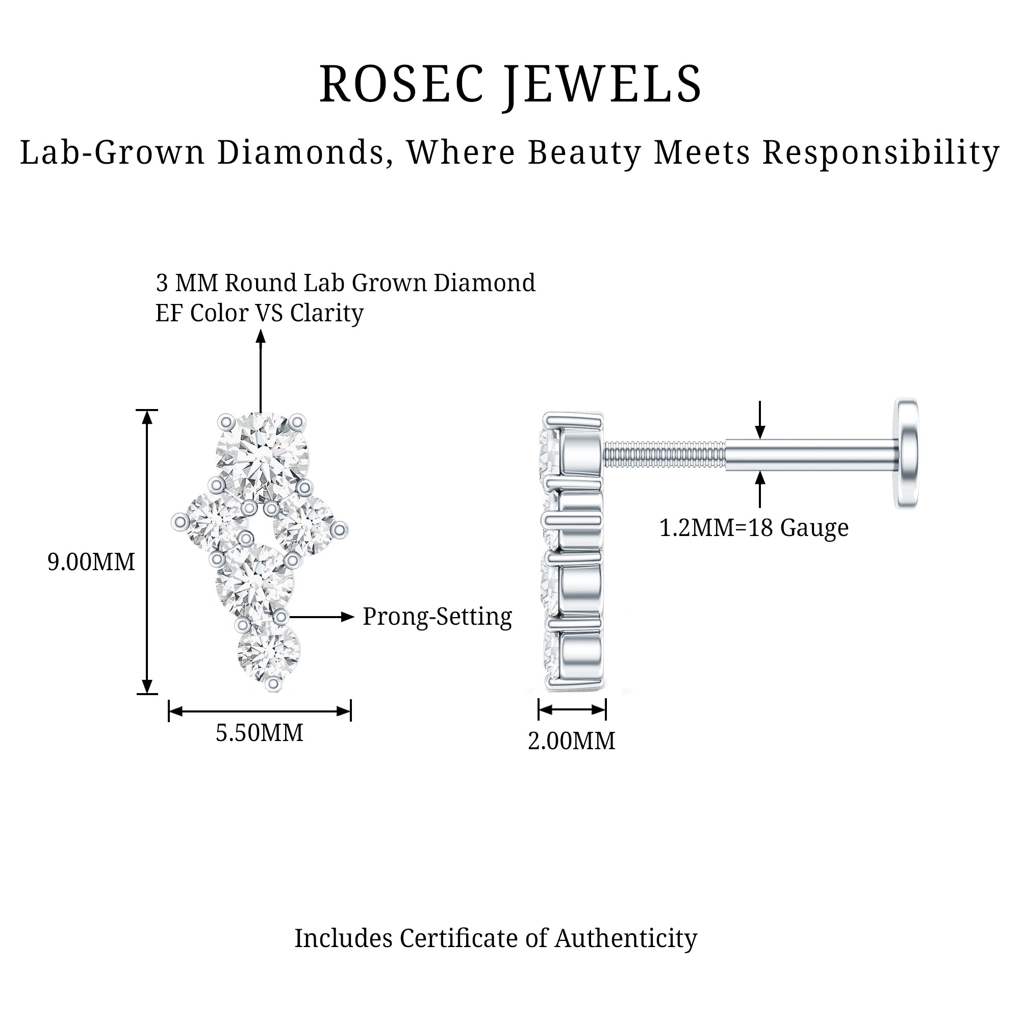 Certified Diamond Cluster Cartilage Piercing Earring Lab - ( EF-VS ) - Rosec Jewels