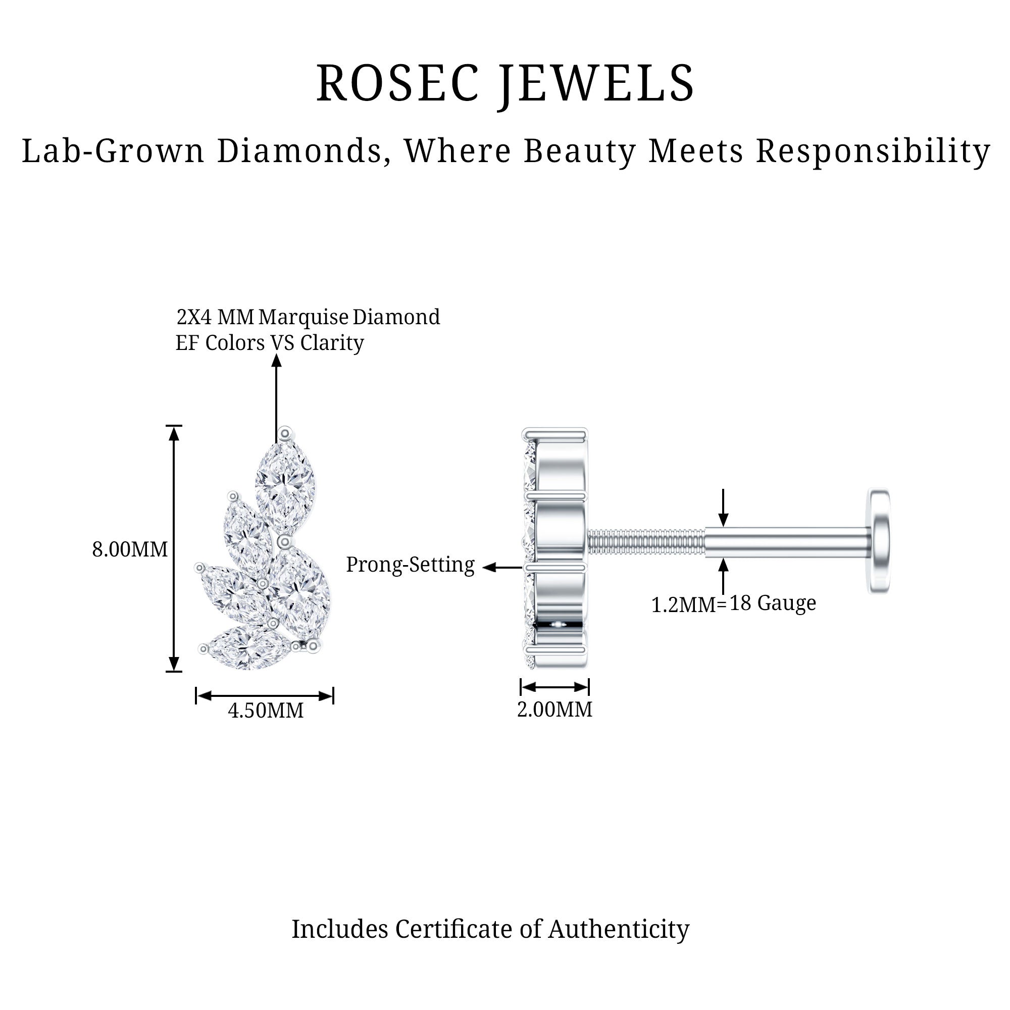 Nature Inspired Marquise Diamond Cluster Earring for Helix Lab - ( EF-VS ) - Rosec Jewels