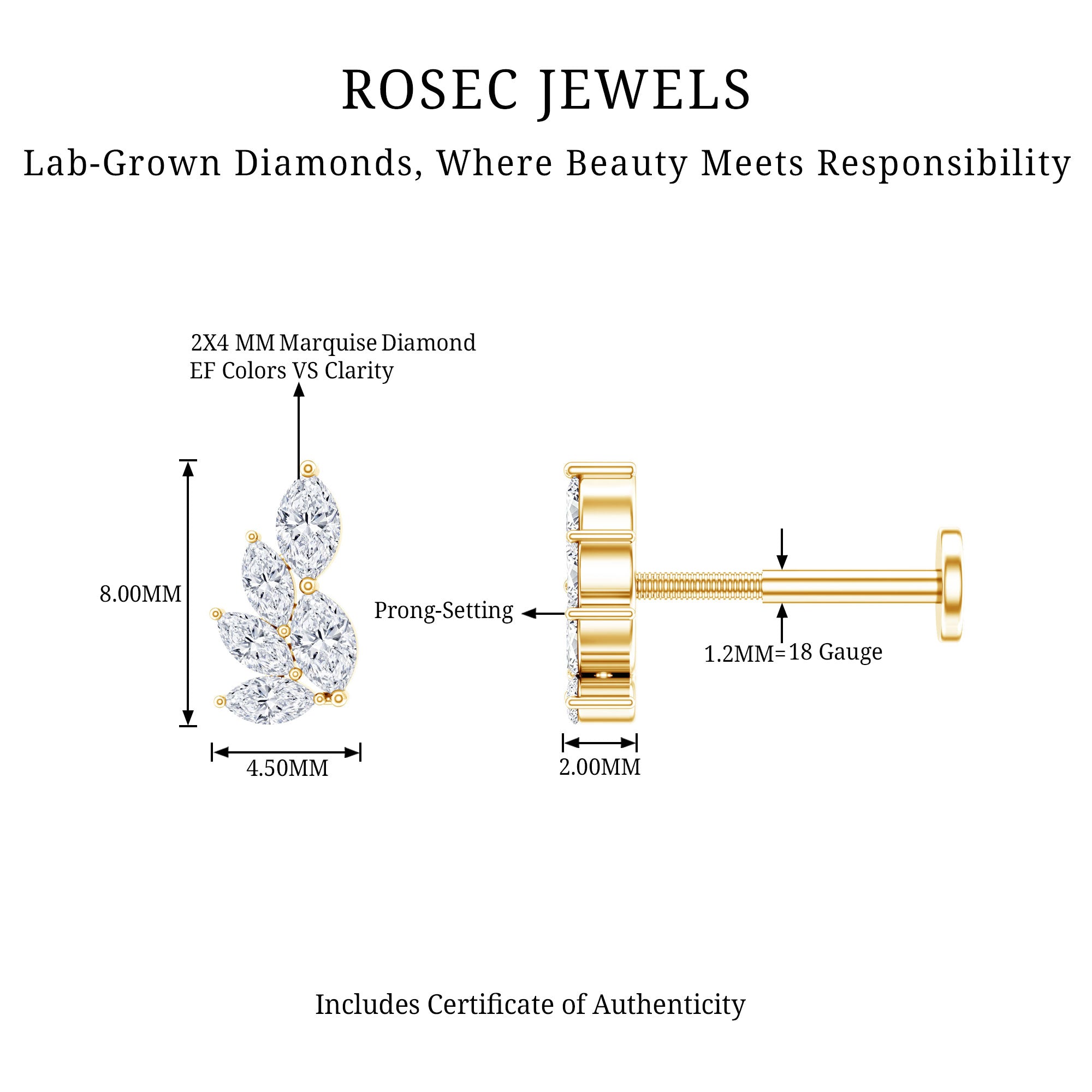 Nature Inspired Marquise Diamond Cluster Earring for Helix Lab - ( EF-VS ) - Rosec Jewels