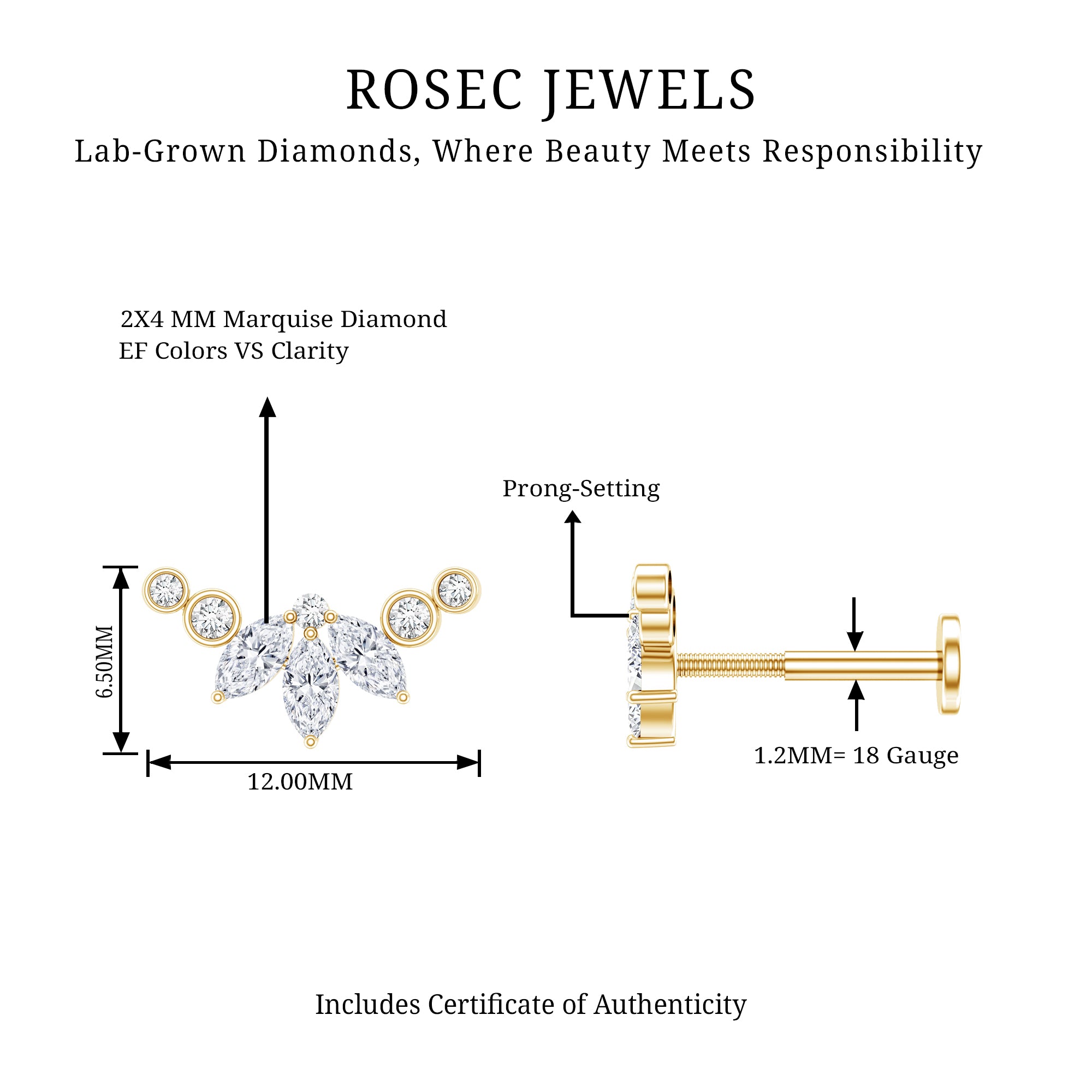 Marquise Diamond Crawler Earring for Cartilage Piercing Lab - ( EF-VS ) - Rosec Jewels