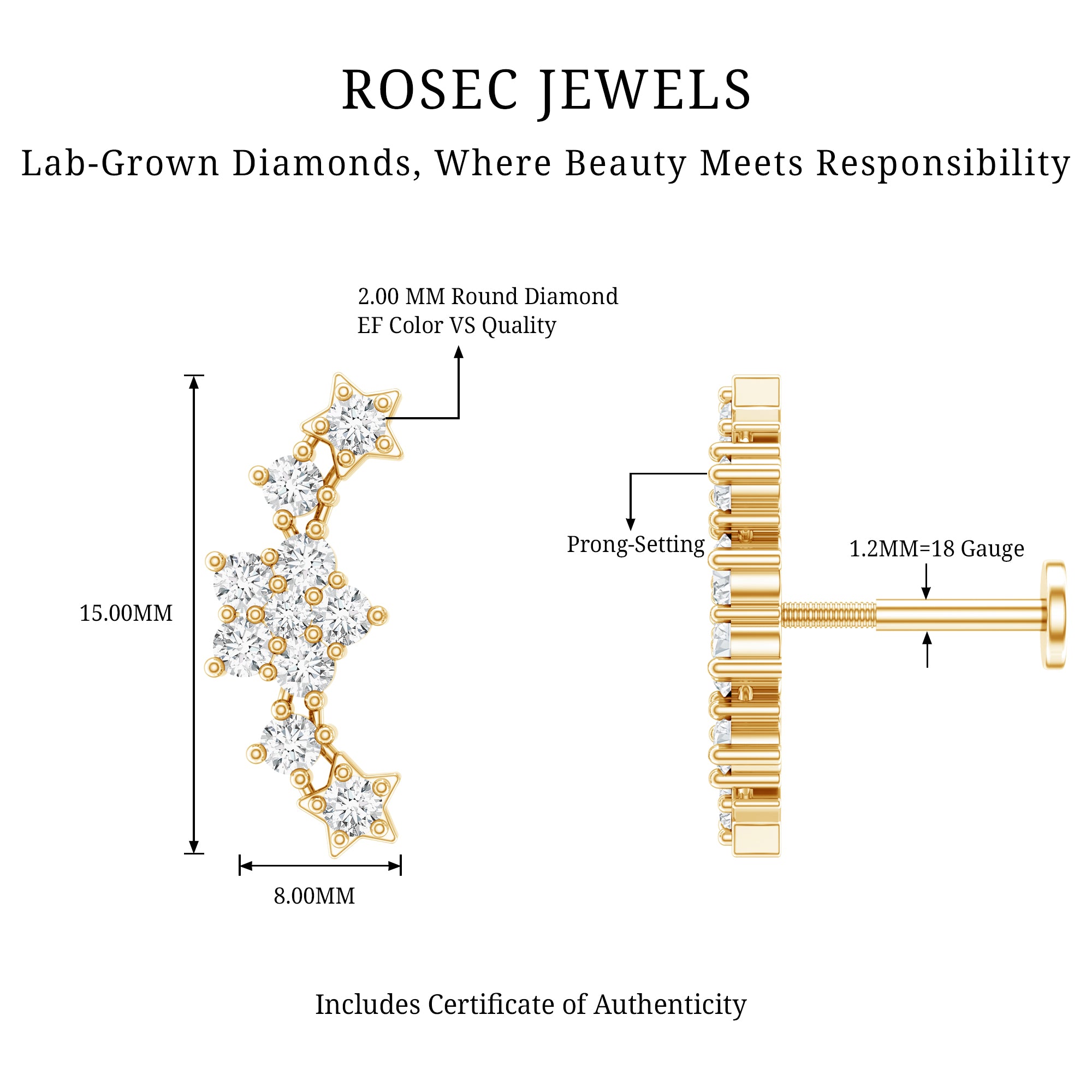 Brilliant Cut Diamond Star Ear Crawler Earring Lab - ( EF-VS ) - Rosec Jewels