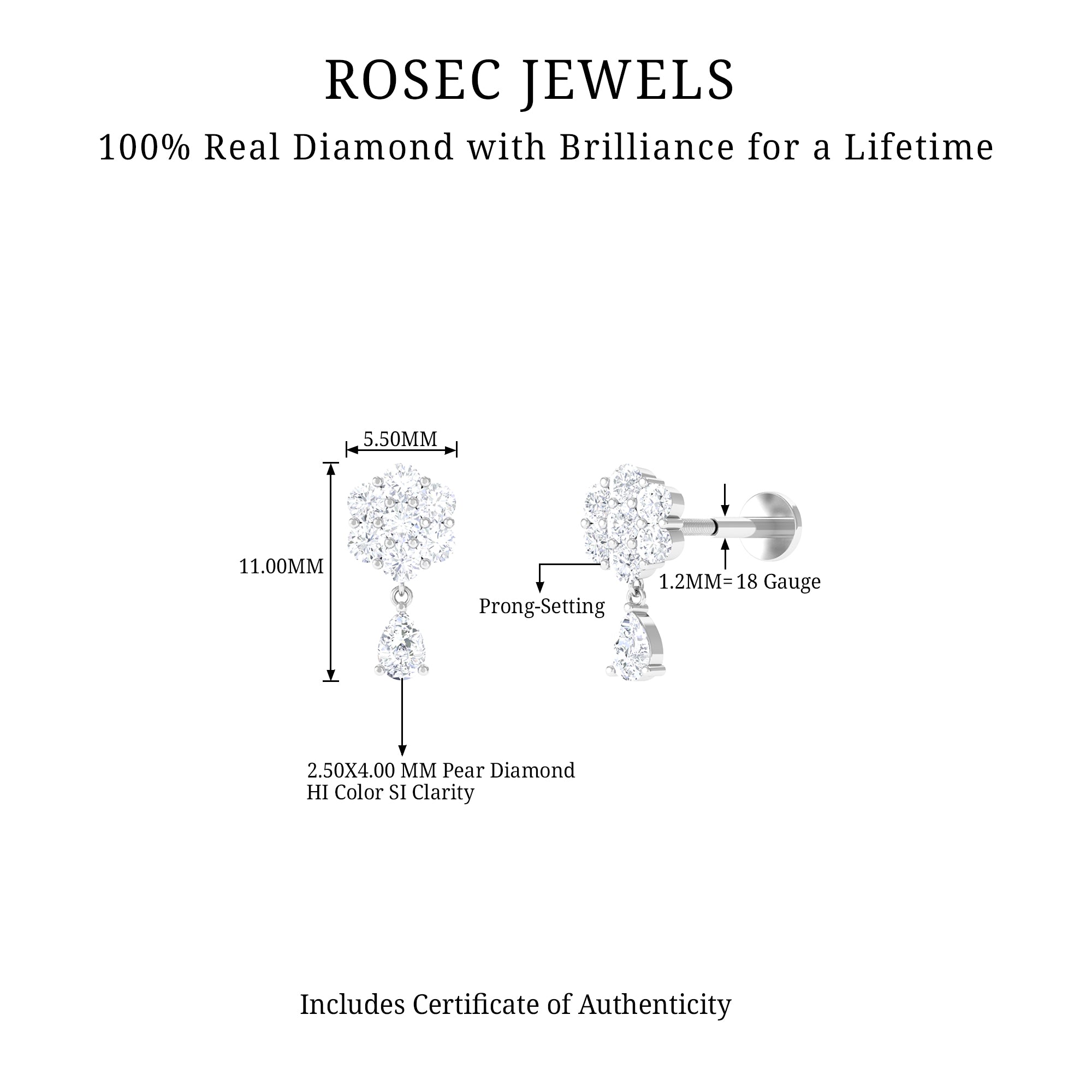 Elegant Diamond Flower Cartilage Drop Earring Lab - ( EF-VS ) - Rosec Jewels