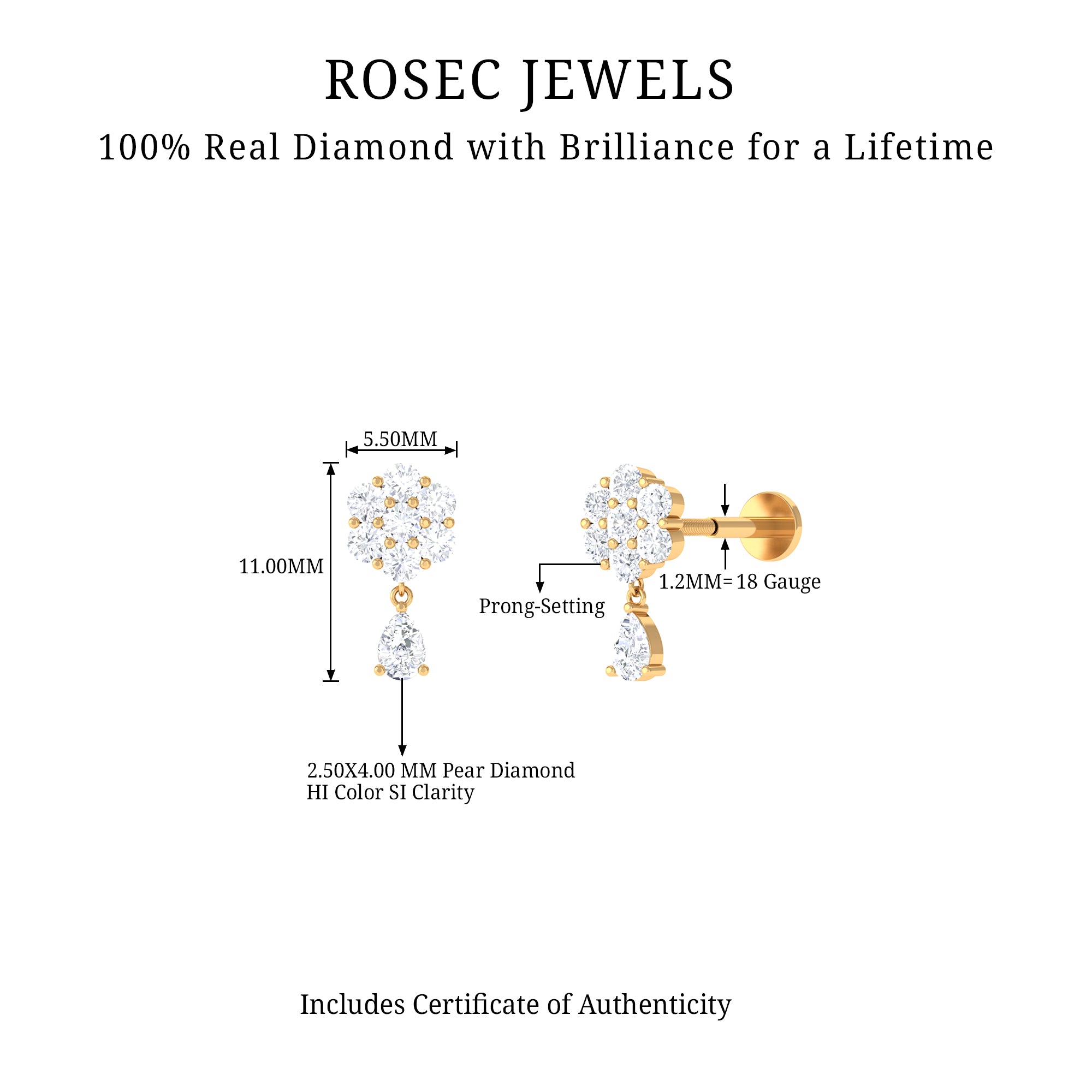 Elegant Diamond Flower Cartilage Drop Earring Lab - ( EF-VS ) - Rosec Jewels