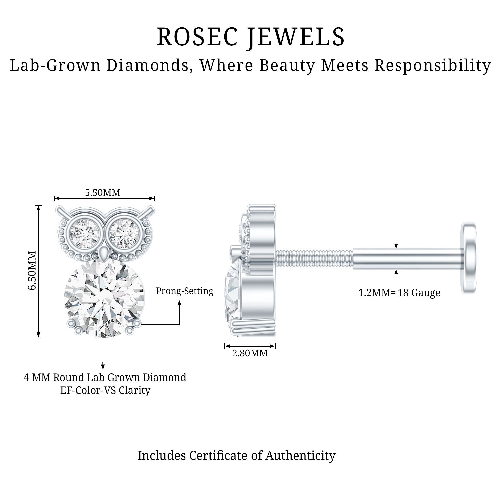 Diamond Owl Earring for Cartilage Piercing Lab - ( EF-VS ) - Rosec Jewels