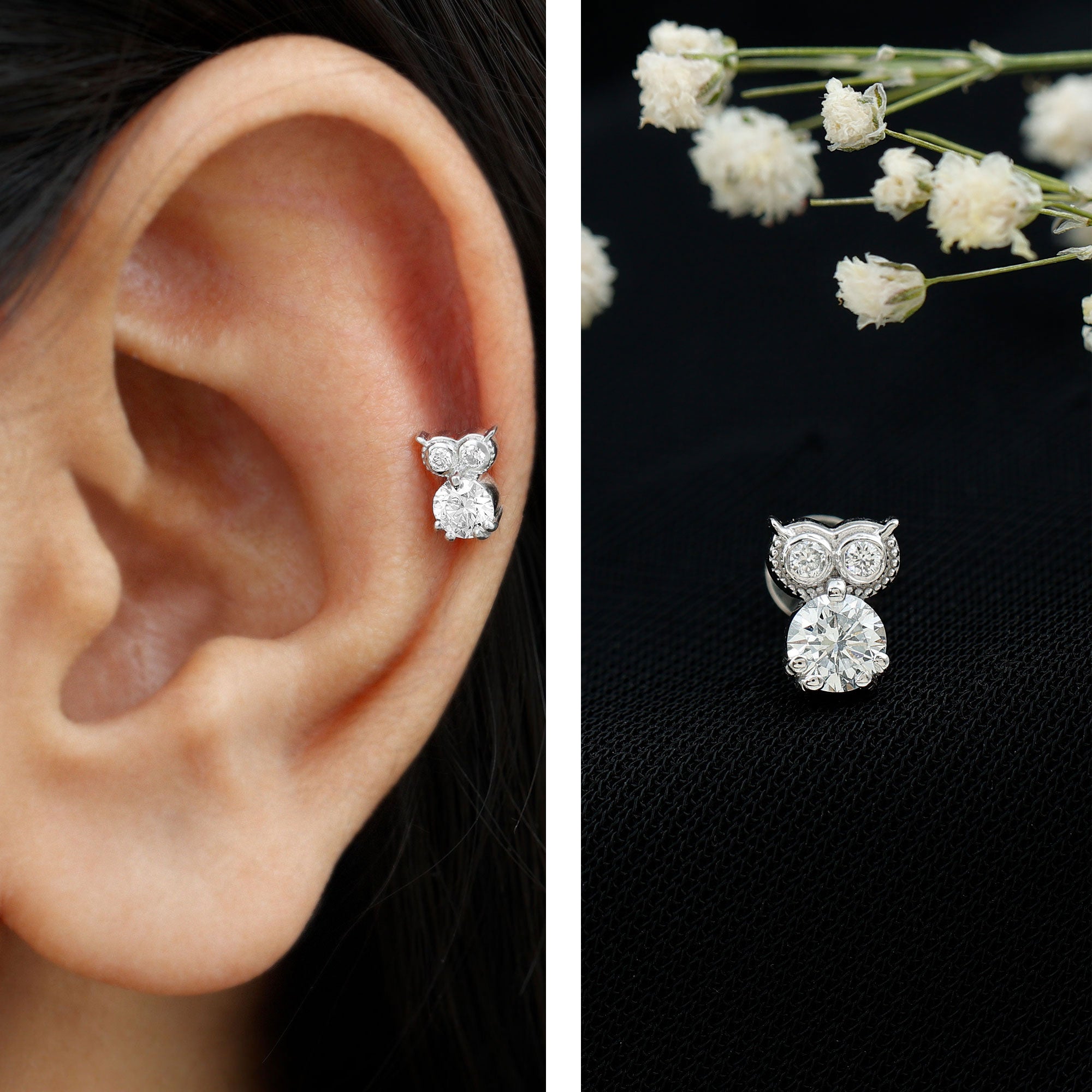 Diamond Owl Earring for Cartilage Piercing Lab - ( EF-VS ) - Rosec Jewels