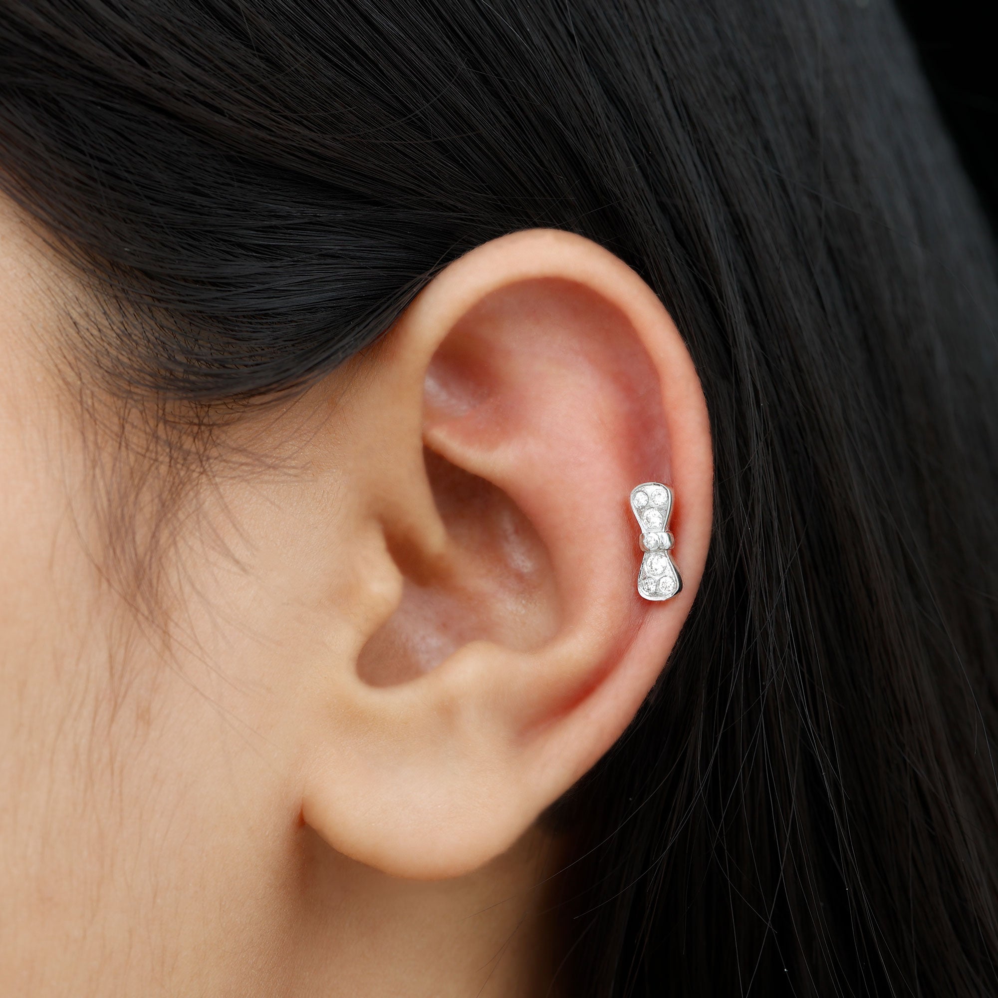 Diamonds Bow Cartilage Piercing Earring Lab - ( EF-VS ) - Rosec Jewels