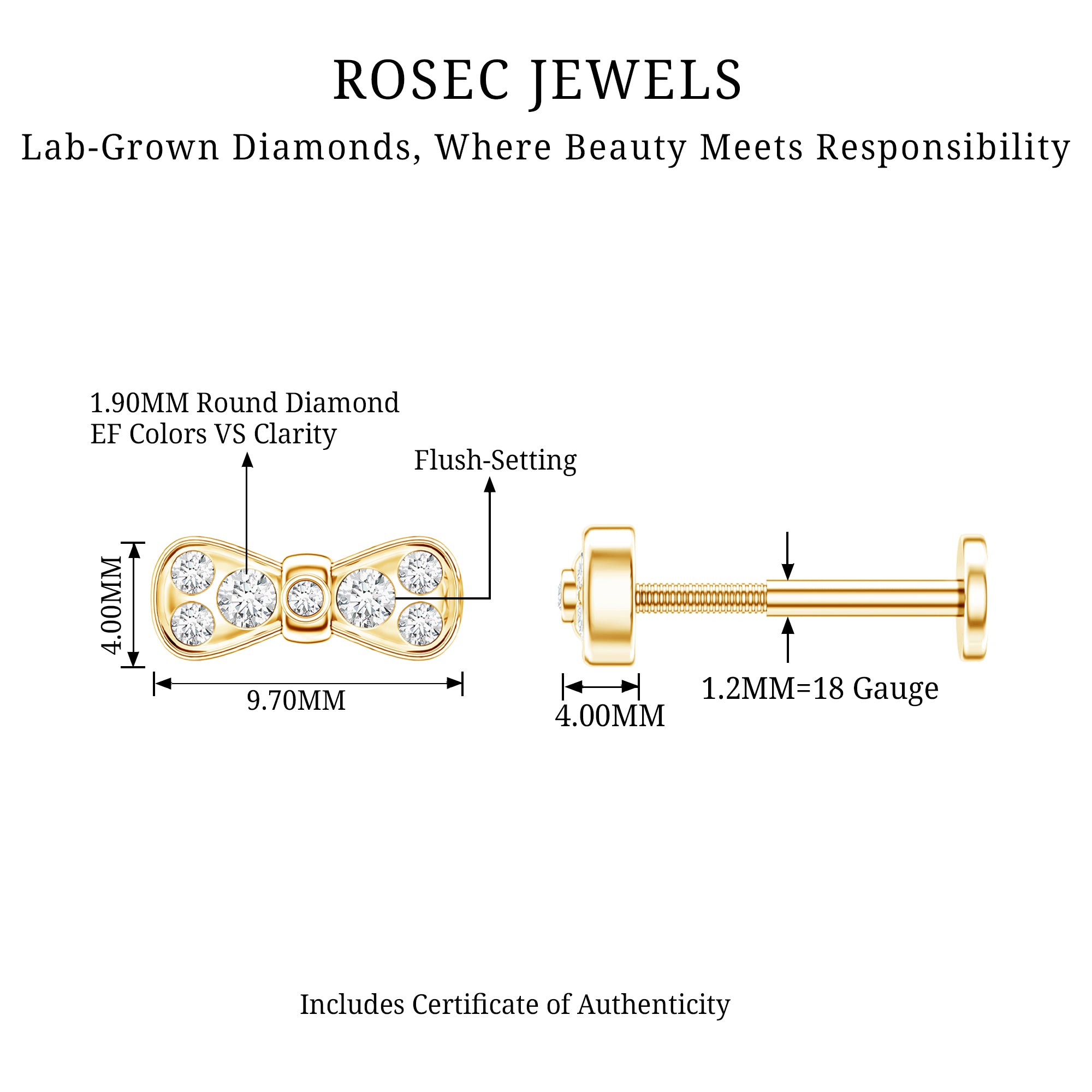 Diamonds Bow Cartilage Piercing Earring Lab - ( EF-VS ) - Rosec Jewels