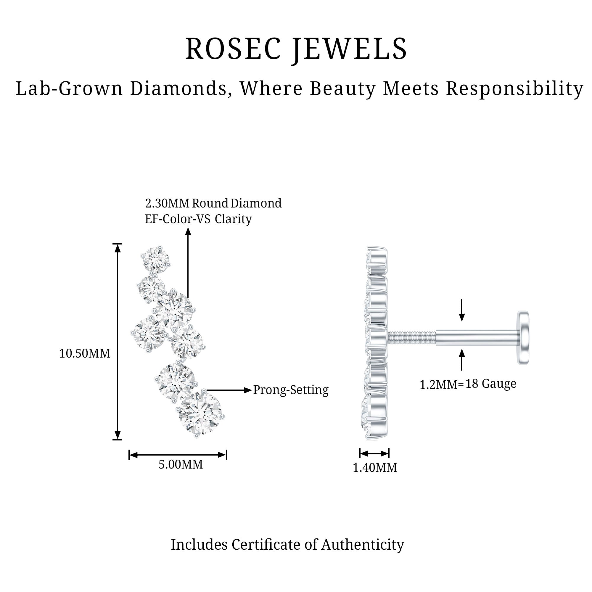 Simple Diamond Helix Piercing Earring with Flat Back Lab - ( EF-VS ) - Rosec Jewels