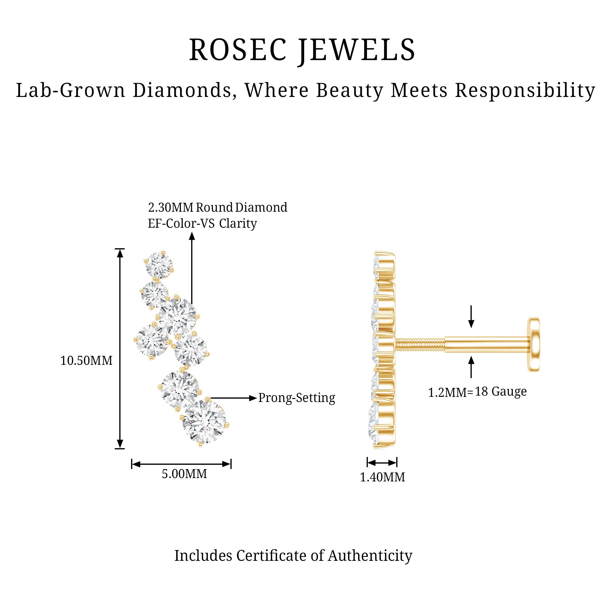 Simple Diamond Helix Piercing Earring with Flat Back Lab - ( EF-VS ) - Rosec Jewels
