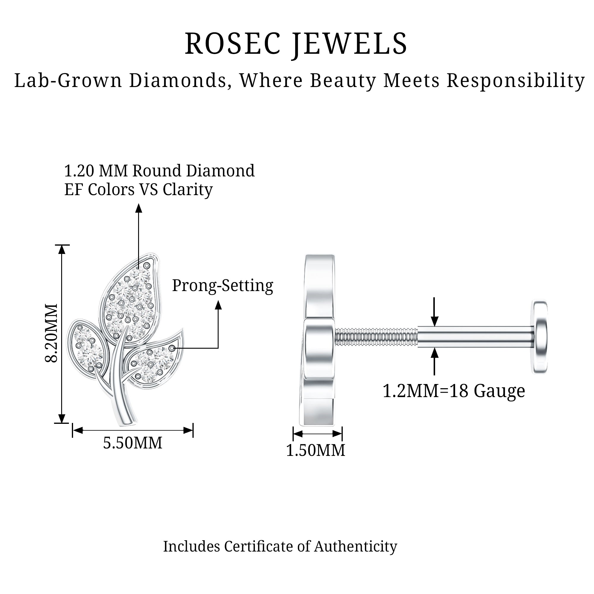 Diamond Leaf Flat Back Cartilage Stud Earring (18G) – Nature Inspired Helix & Tragus Jewelry in Gold Lab - ( EF-VS ) - Rosec Jewels