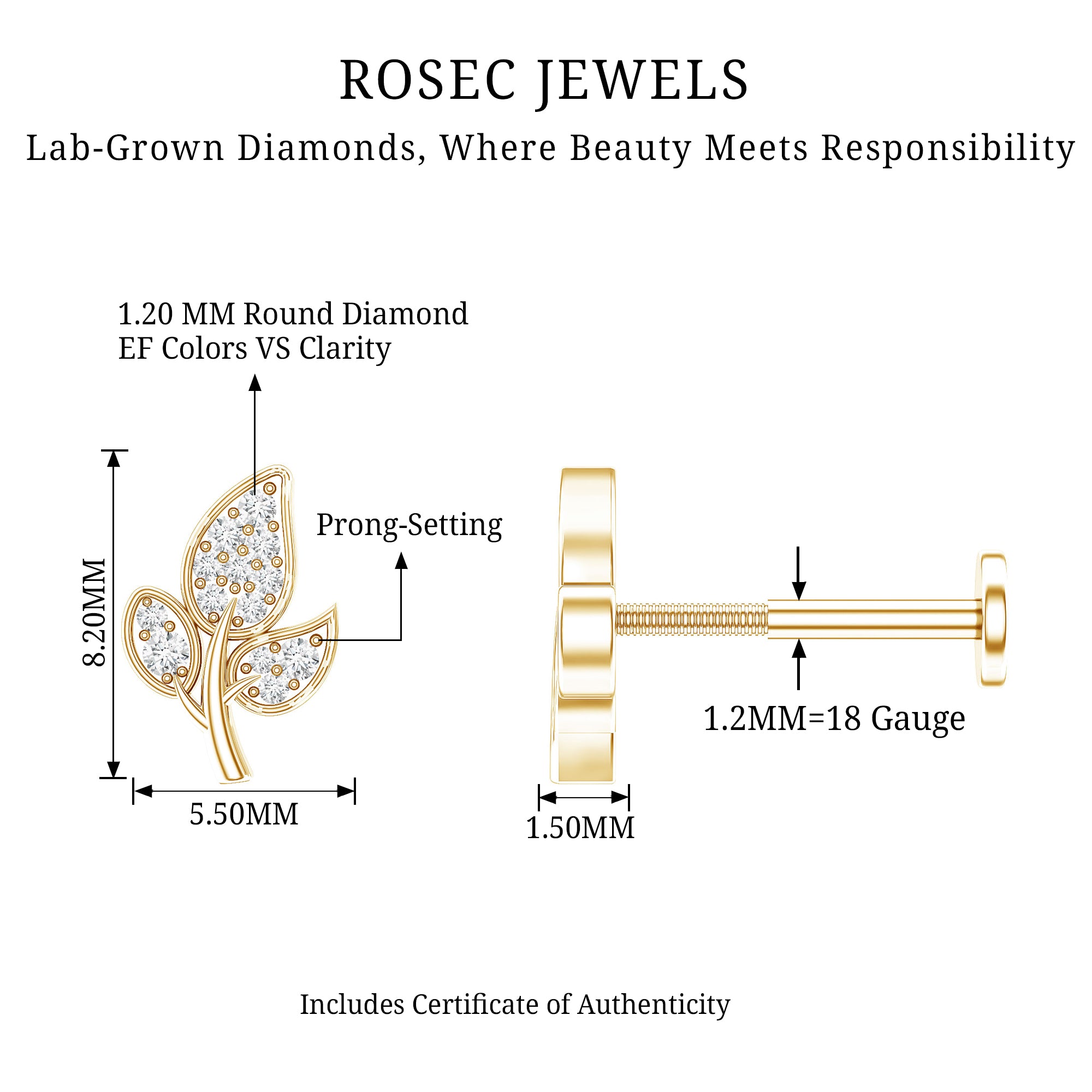 Diamond Leaf Flat Back Cartilage Stud Earring (18G) – Nature Inspired Helix & Tragus Jewelry in Gold Lab - ( EF-VS ) - Rosec Jewels