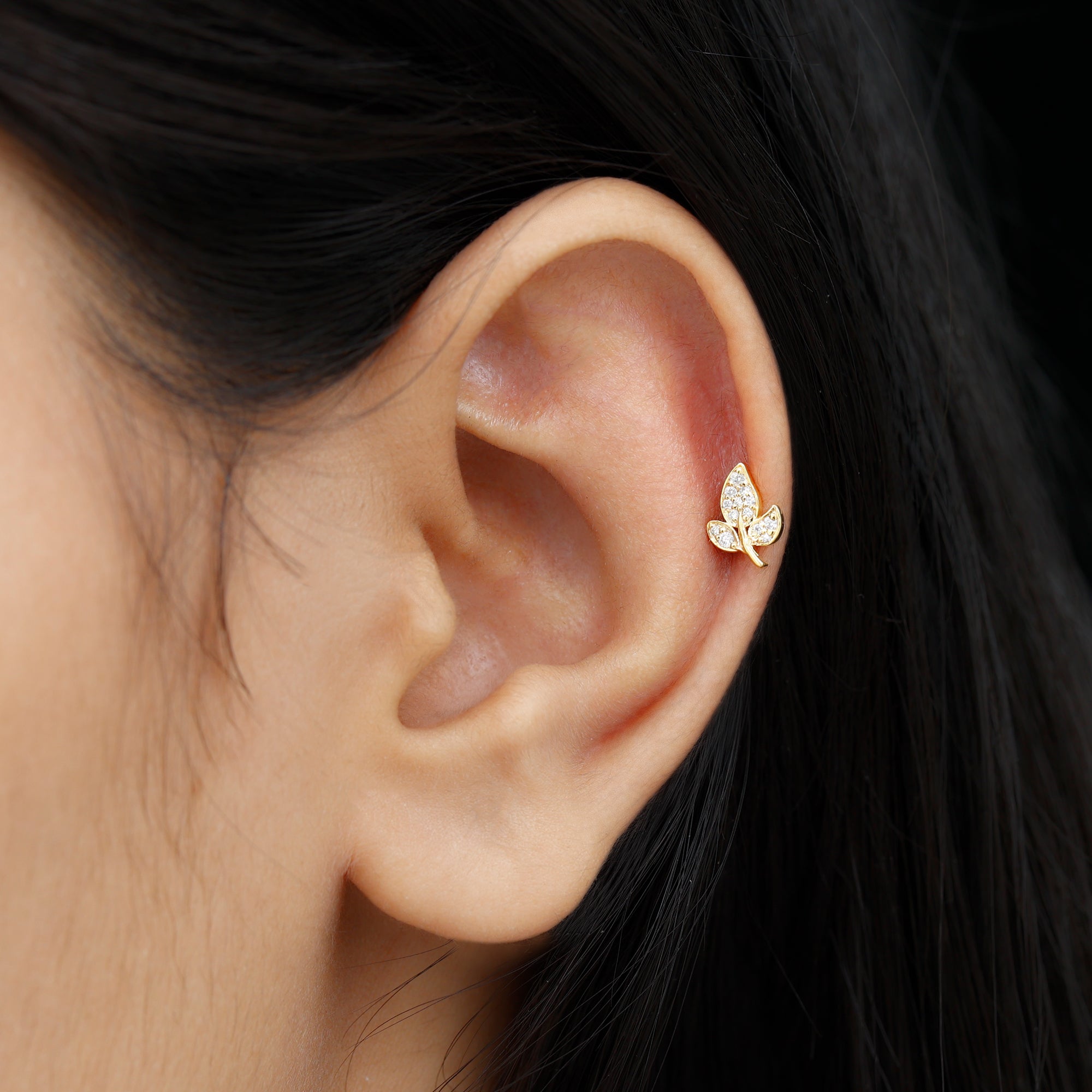 Diamond Leaf Flat Back Cartilage Stud Earring (18G) – Nature Inspired Helix & Tragus Jewelry in Gold Lab - ( EF-VS ) - Rosec Jewels