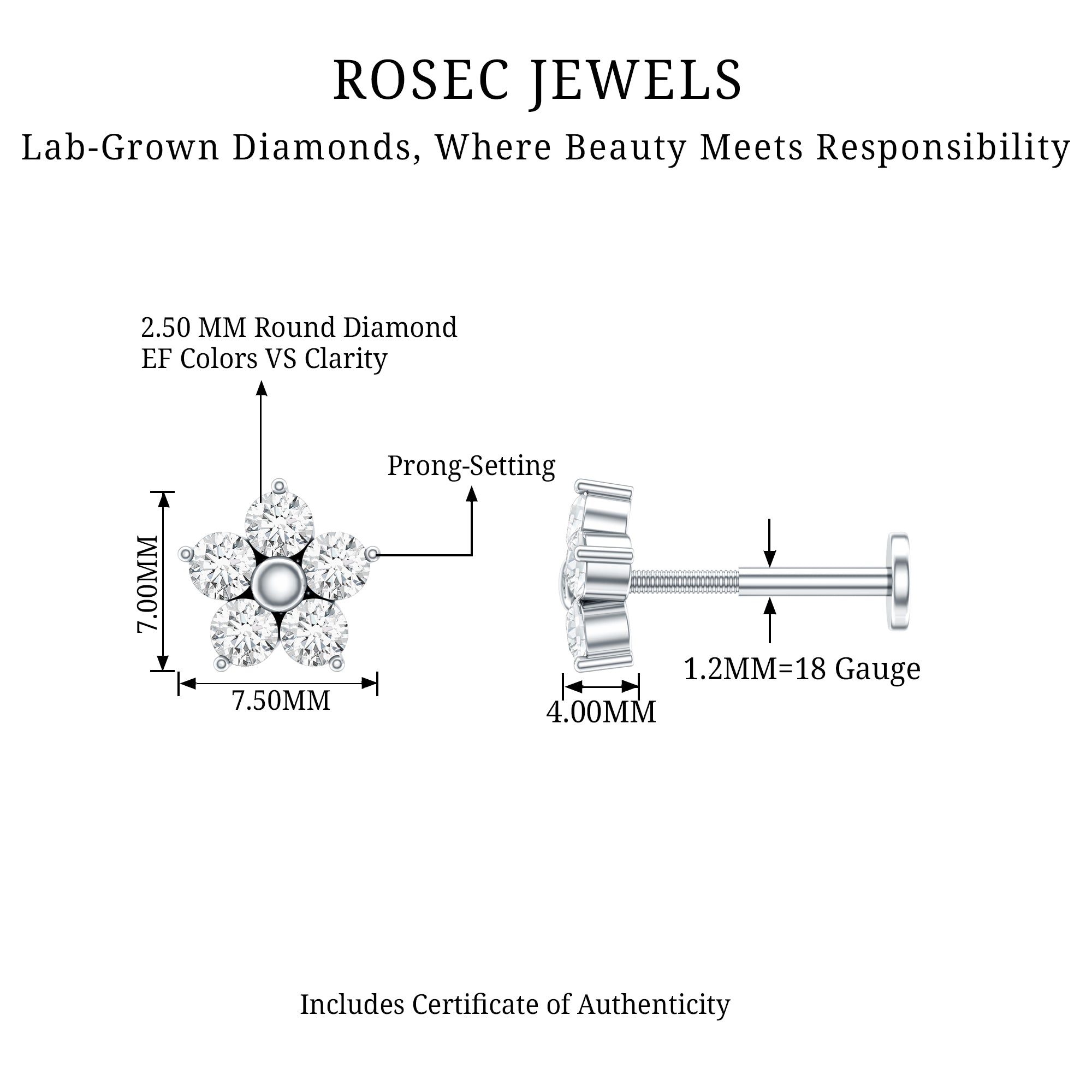 Nature Inspired Diamond Flower Earring for Tragus Piercing Lab - ( EF-VS ) - Rosec Jewels