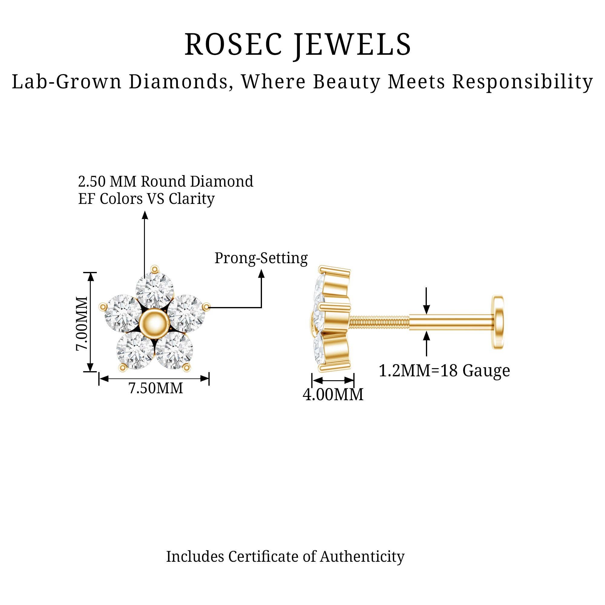 Nature Inspired Diamond Flower Earring for Tragus Piercing Lab - ( EF-VS ) - Rosec Jewels